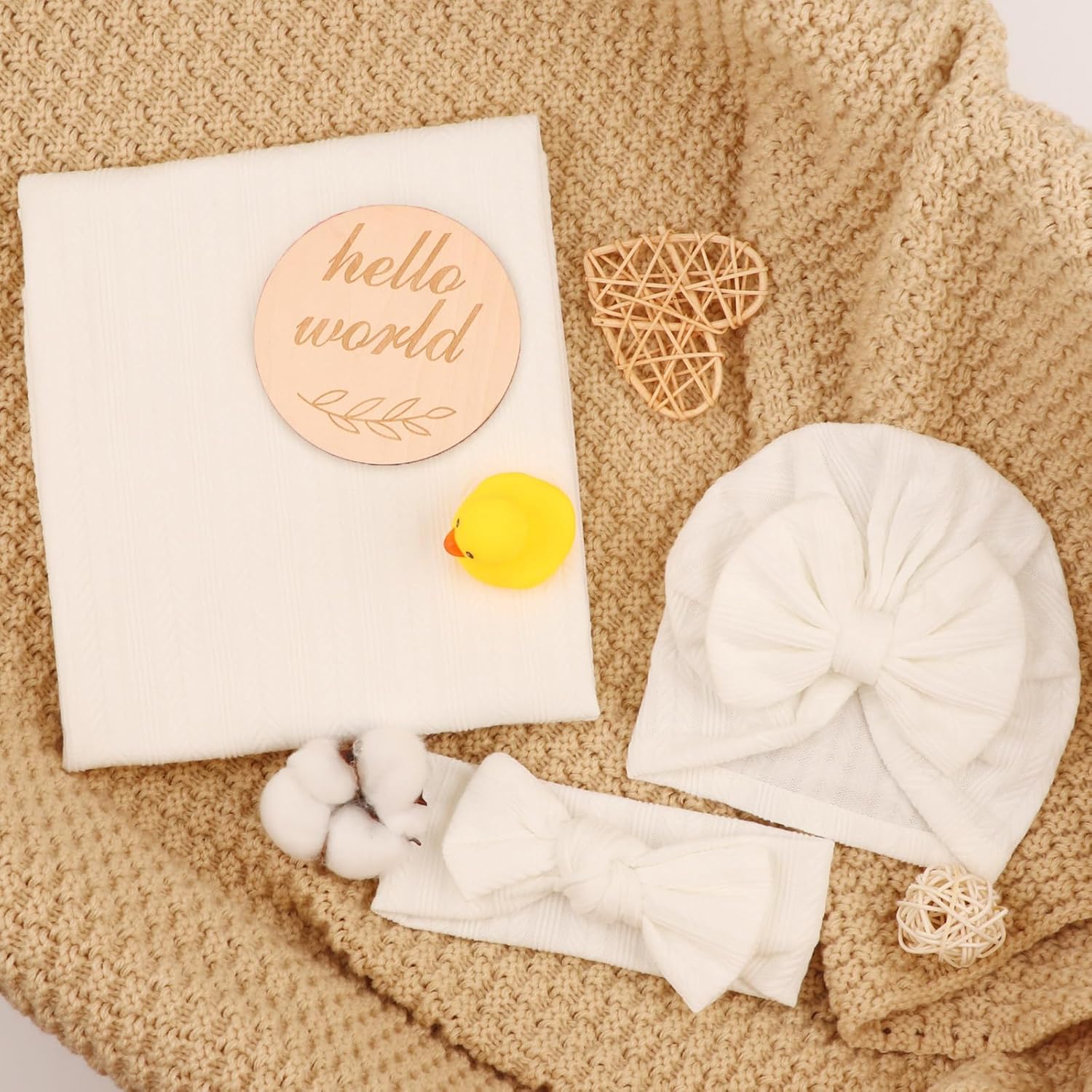 DRESHOW BQUBO Baby Swaddle Blankets Set 4PCS White with Hat and Bow