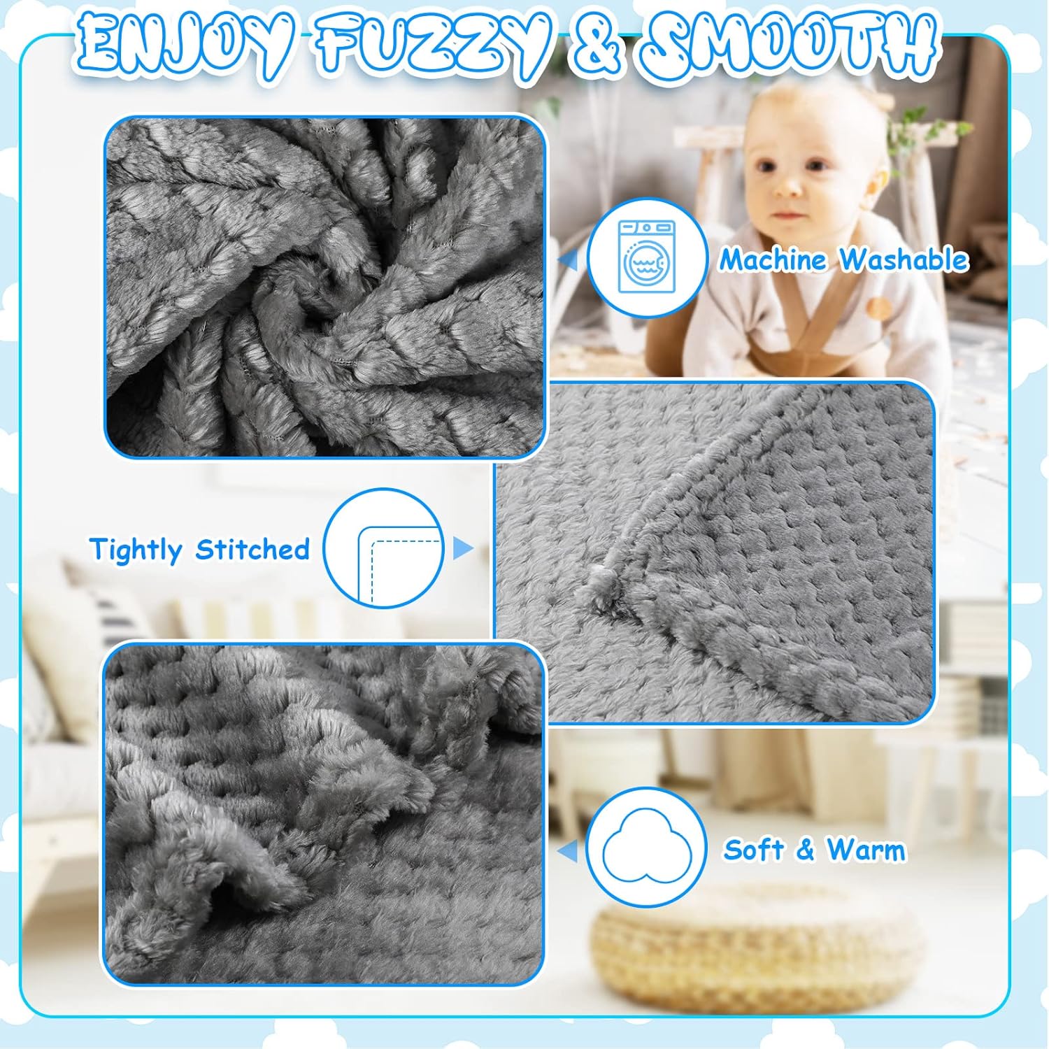 Kenning 4 Pcs Fuzzy Baby Blanket for Boys and Girls