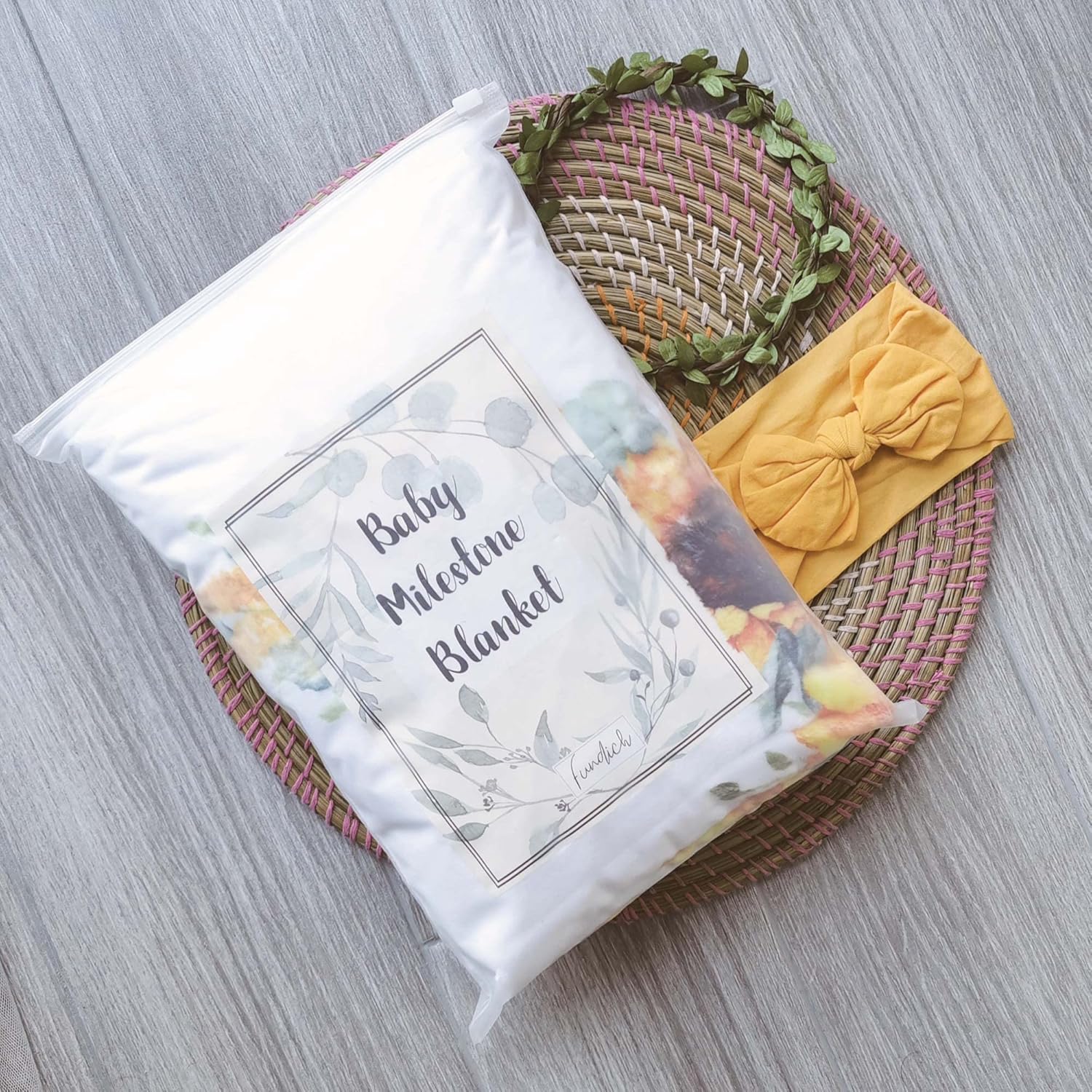 Fundich Baby Milestone Blanket with Wreath and Headband