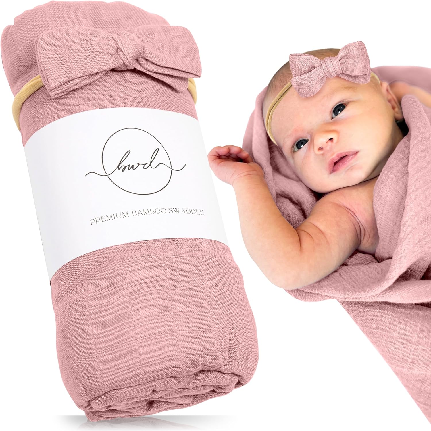 Premium Swaddle Blanket - Bamboo Viscose Organic Cotton 47 Inches Dusty Rose