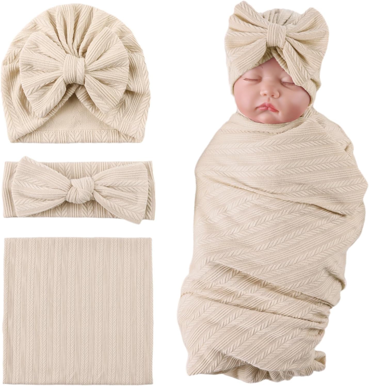 OMUKY Newborn Swaddle Blanket Set with Beanie and Headband