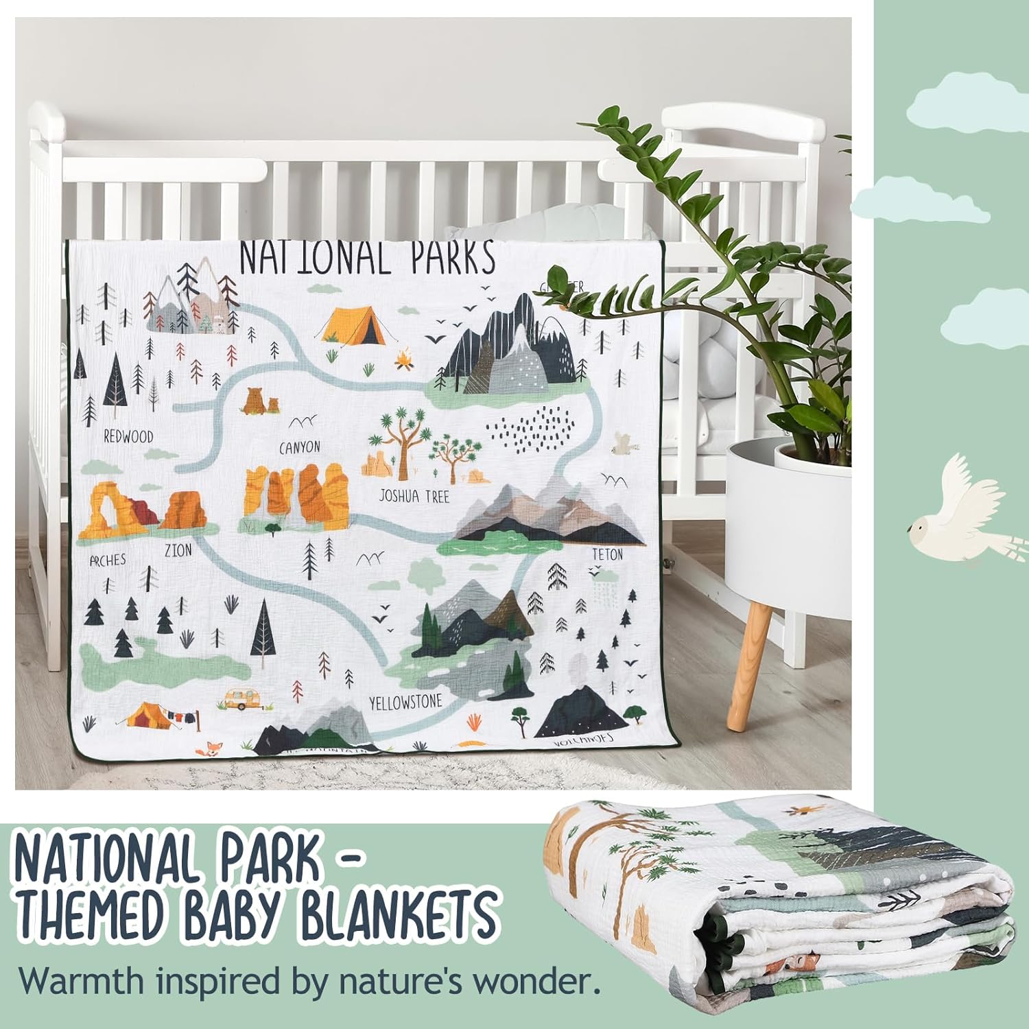 National Parks Muslin Blanket 47x47 Inch Soft Warm Cotton Swaddle