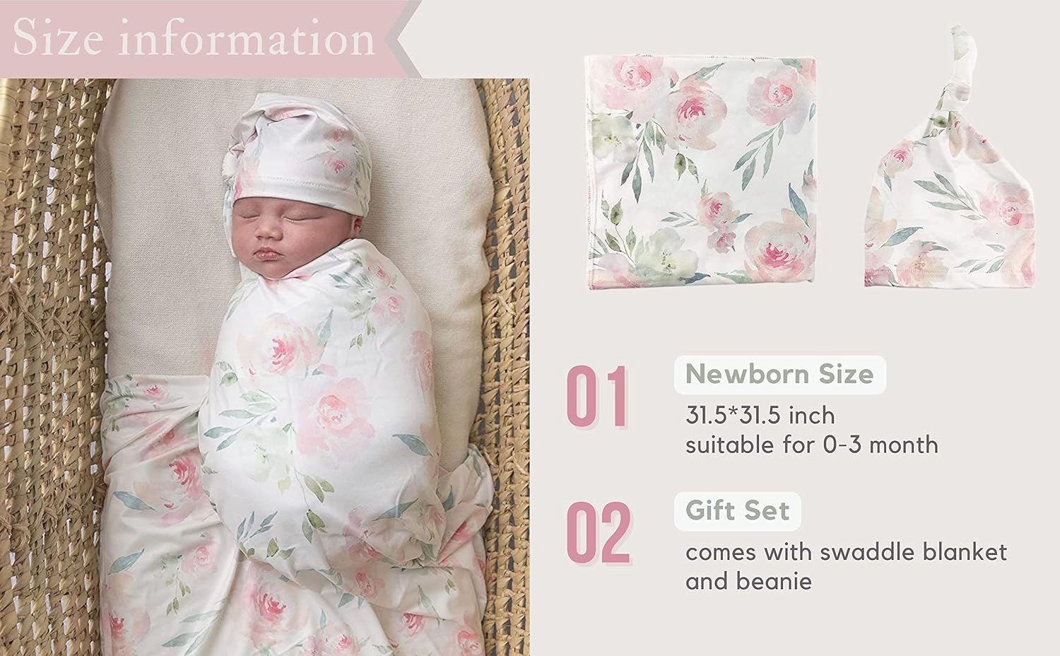 Giggle Angel Baby Girl Swaddle Blanket Set with Beanie Pink 3