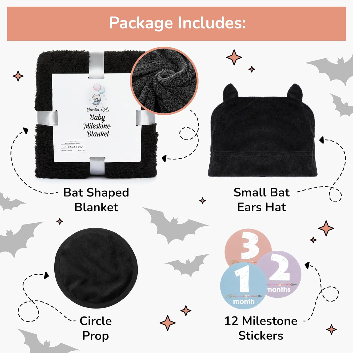 Bumba Kids Bat Blanket with Halloween Milestone Option