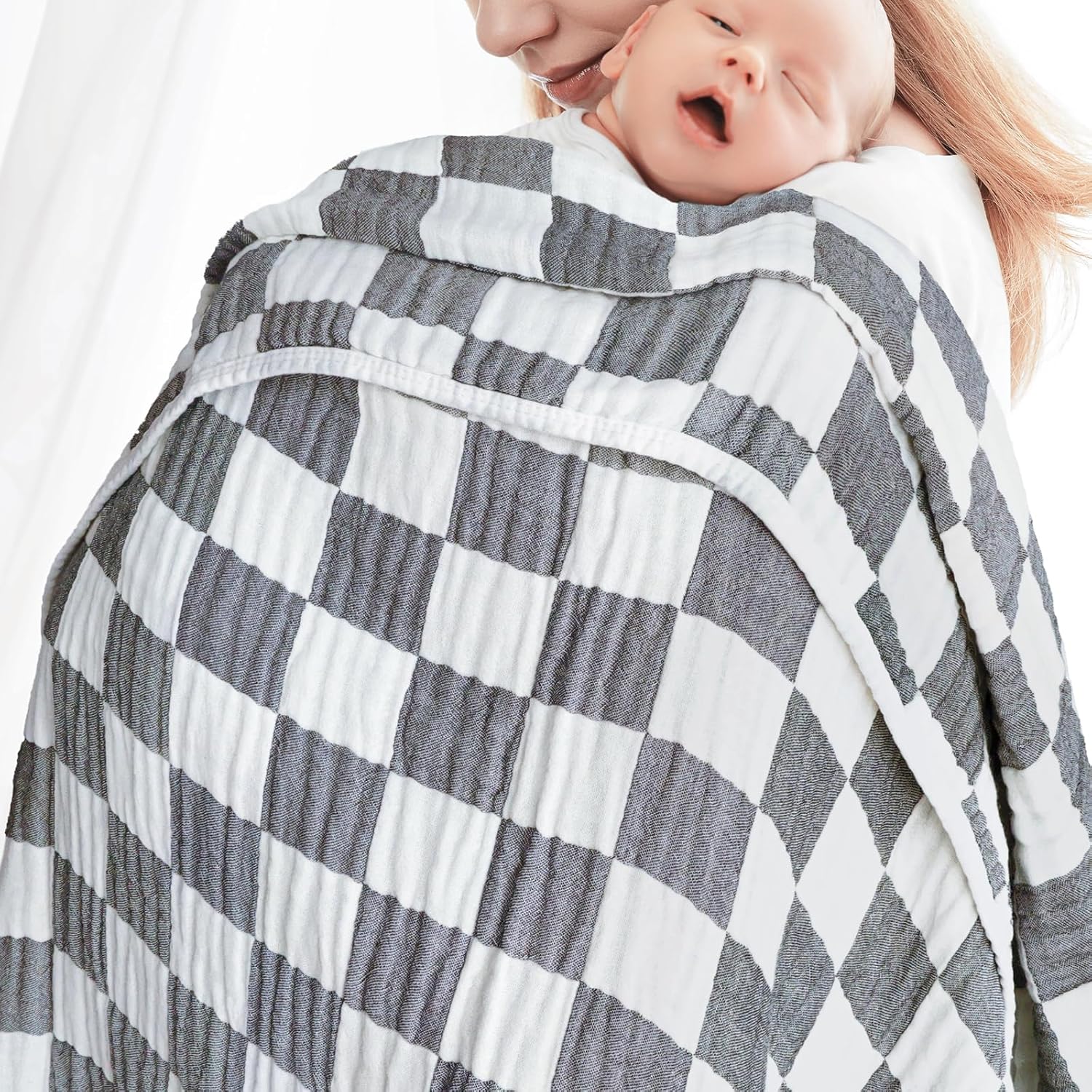 BEILIMU 6-Layer Muslin Swaddle Blanket 43x43 Inches Grey Checkered