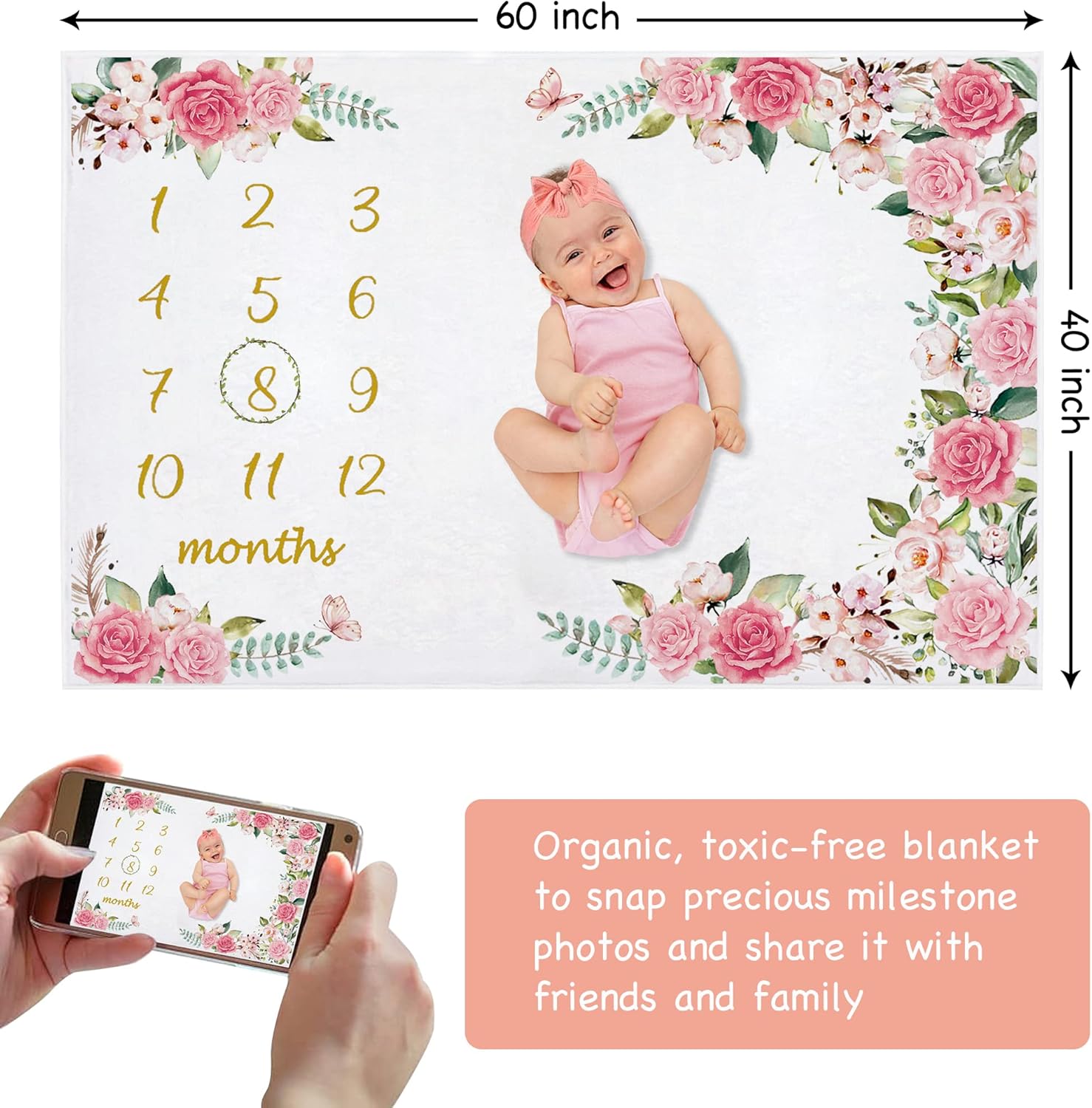 Baby Monthly Growth Milestone Blanket with Bow and Wreath