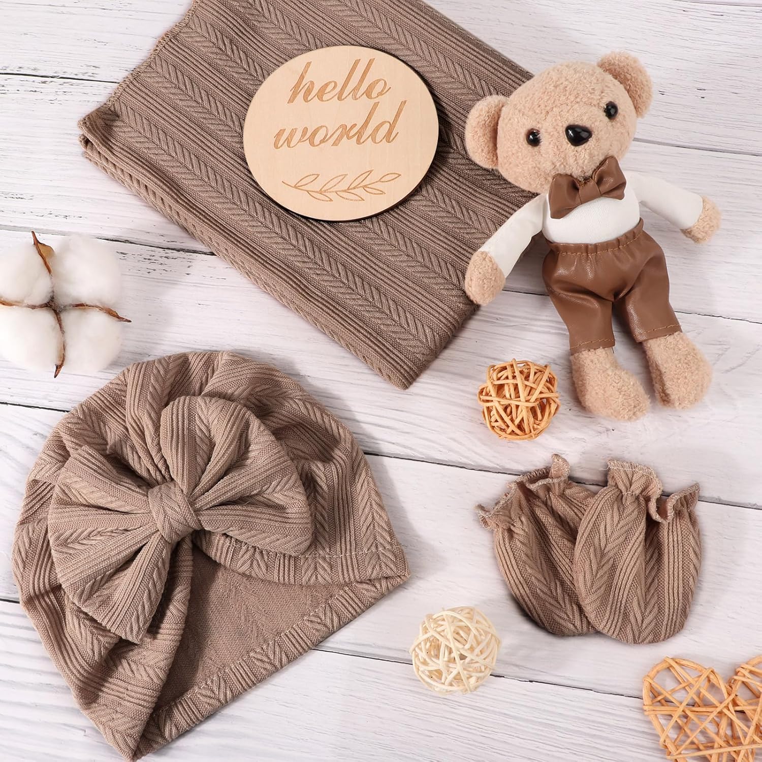 AQOKKA Newborn Swaddle Blanket with Bow Hat Mittens Set 1