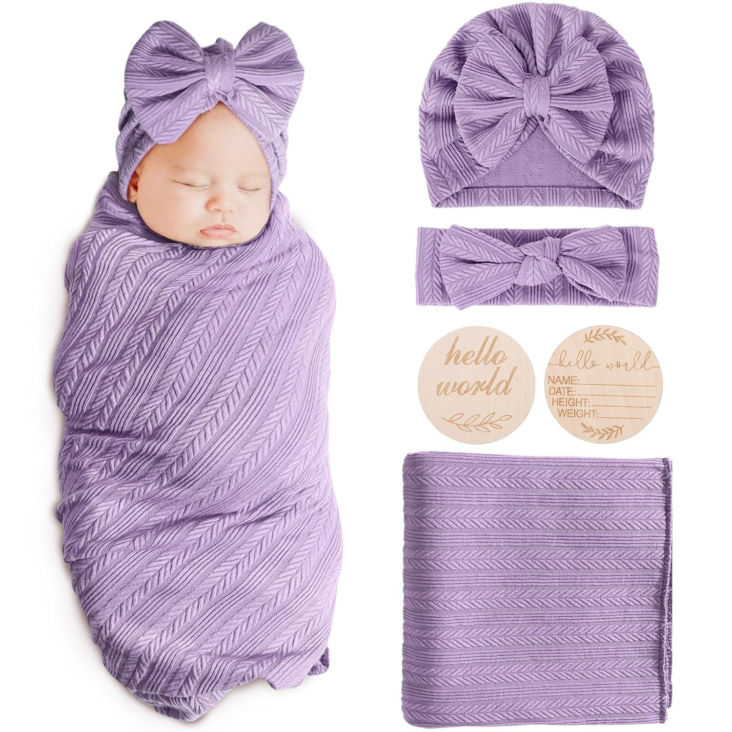 AQOKKA Newborn Swaddle Blanket Set with Hat and Wooden Sign
