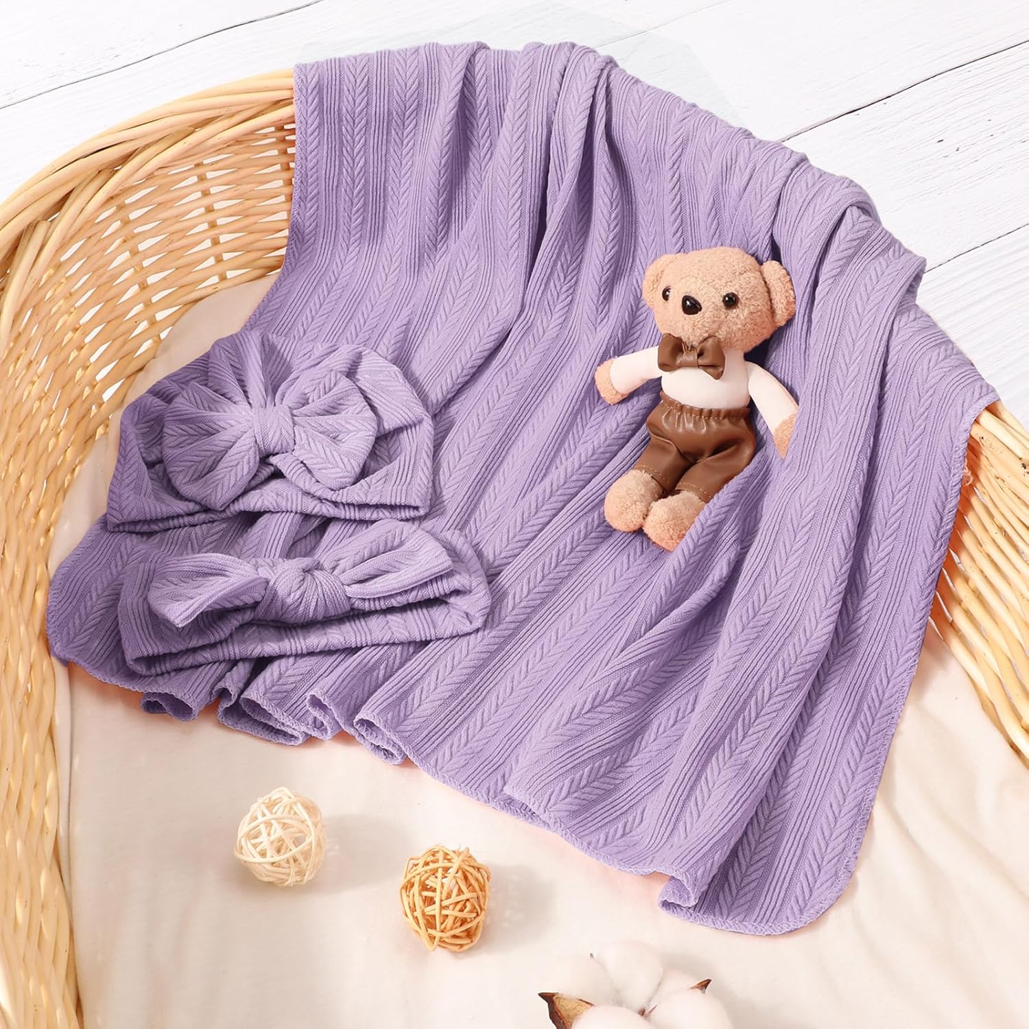 AQOKKA Newborn Swaddle Blanket Set with Hat and Wooden Sign