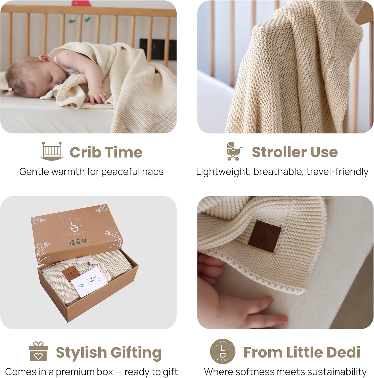 Little Dedi 100 Organic Cotton Baby Blanket - 30x40 Neutral Earth Ivory