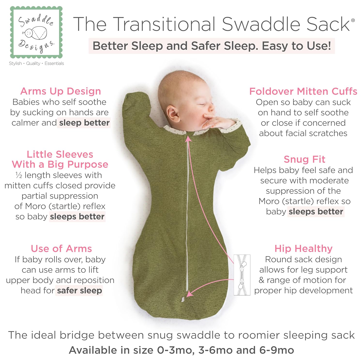 SwaddleDesigns Transitional Swaddle Sack - Heathered Green