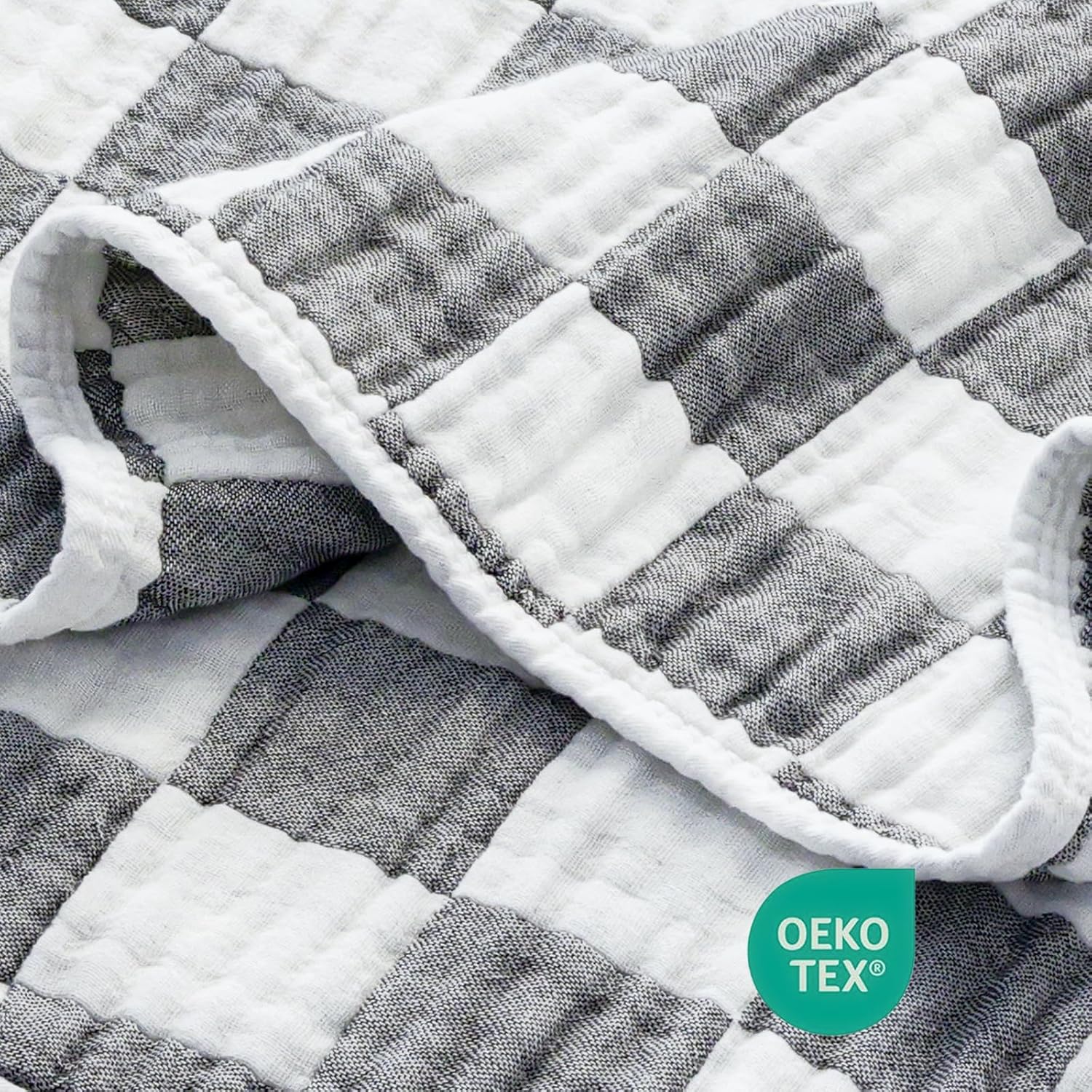 BEILIMU 6-Layer Muslin Swaddle Blanket 43x43 Inches Grey Checkered