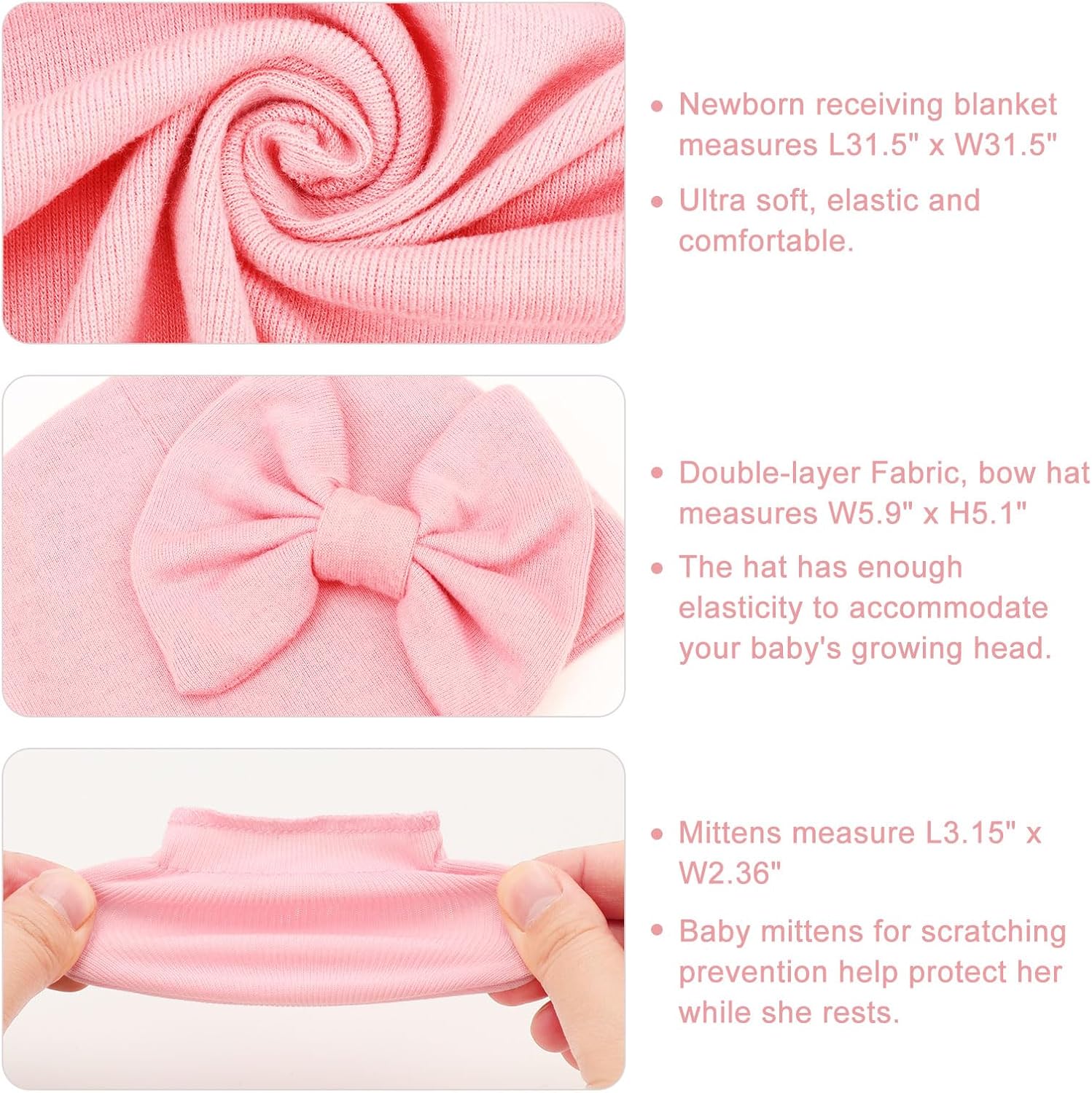 AQOKKA Newborn Swaddle Blanket with Bow Hat Mittens Set