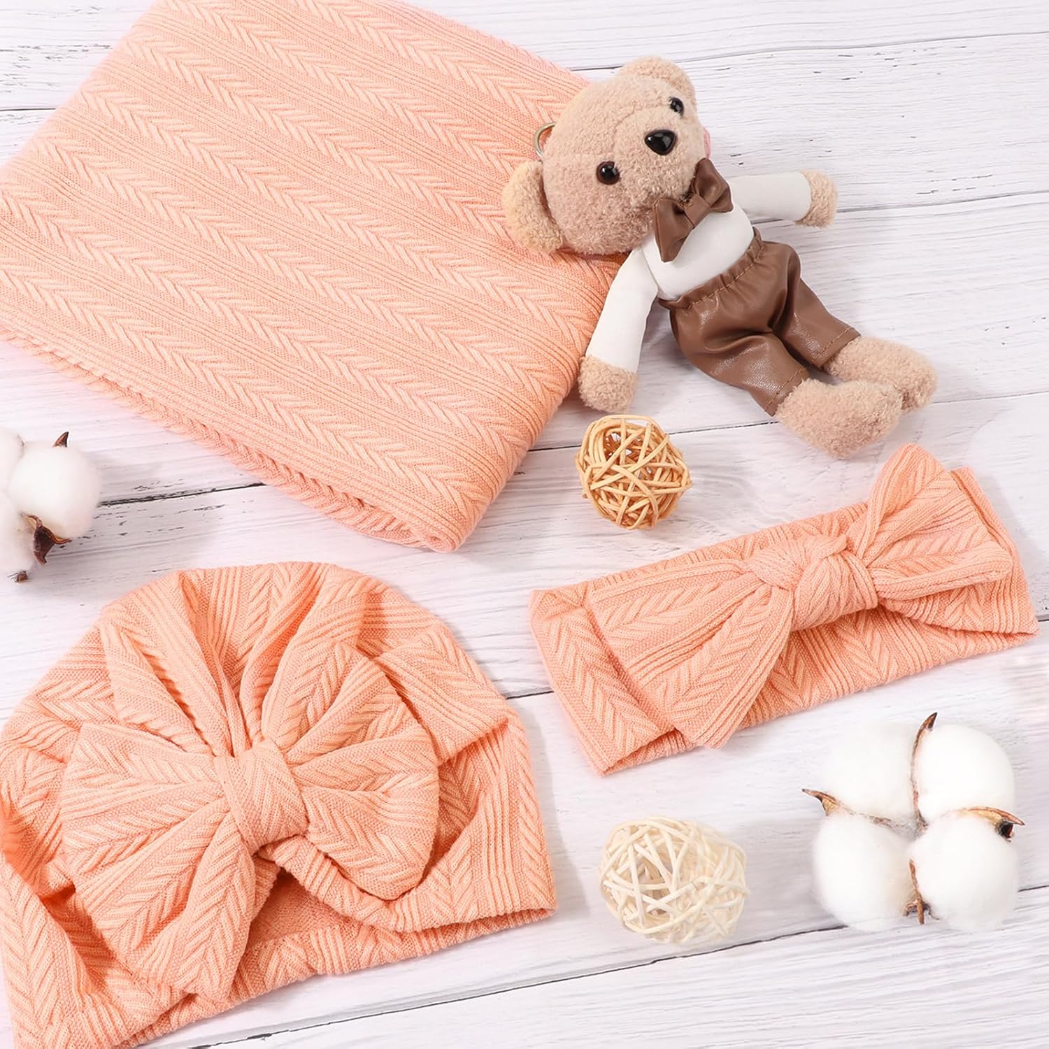 AQOKKA Newborn Swaddle Blanket with Bow Hat and Wooden Card 1