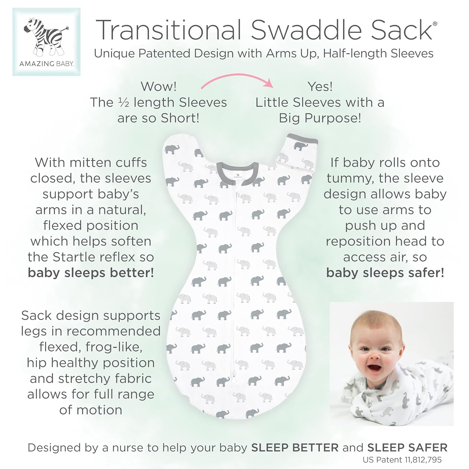 Amazing Baby Transitional Swaddle Sack - Tiny Elephants Medium 3-6 Months