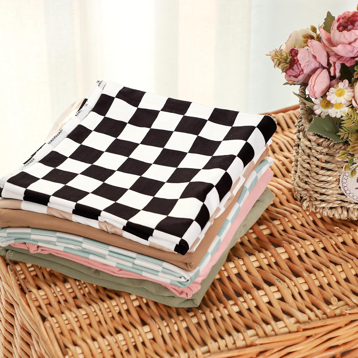 TANOFAR 4-Pack Swaddle Blanket with Headband and Beanie Set Black Checkerboard