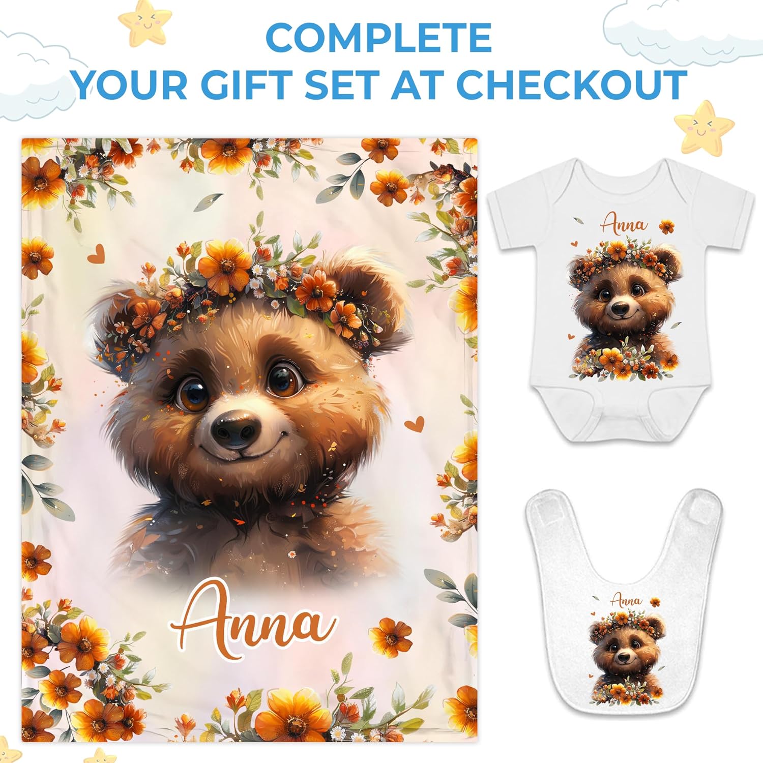 Hyturtle Personalized Bear Blanket - Custom Name Soft Cozy Plush for Newborns