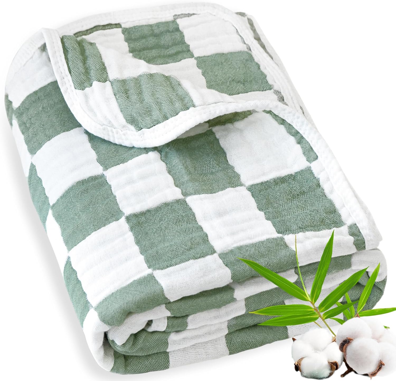 BEILIMU Muslin Baby Blanket 43x43 Inches Sage Green Checkerboard Swaddle Blanket