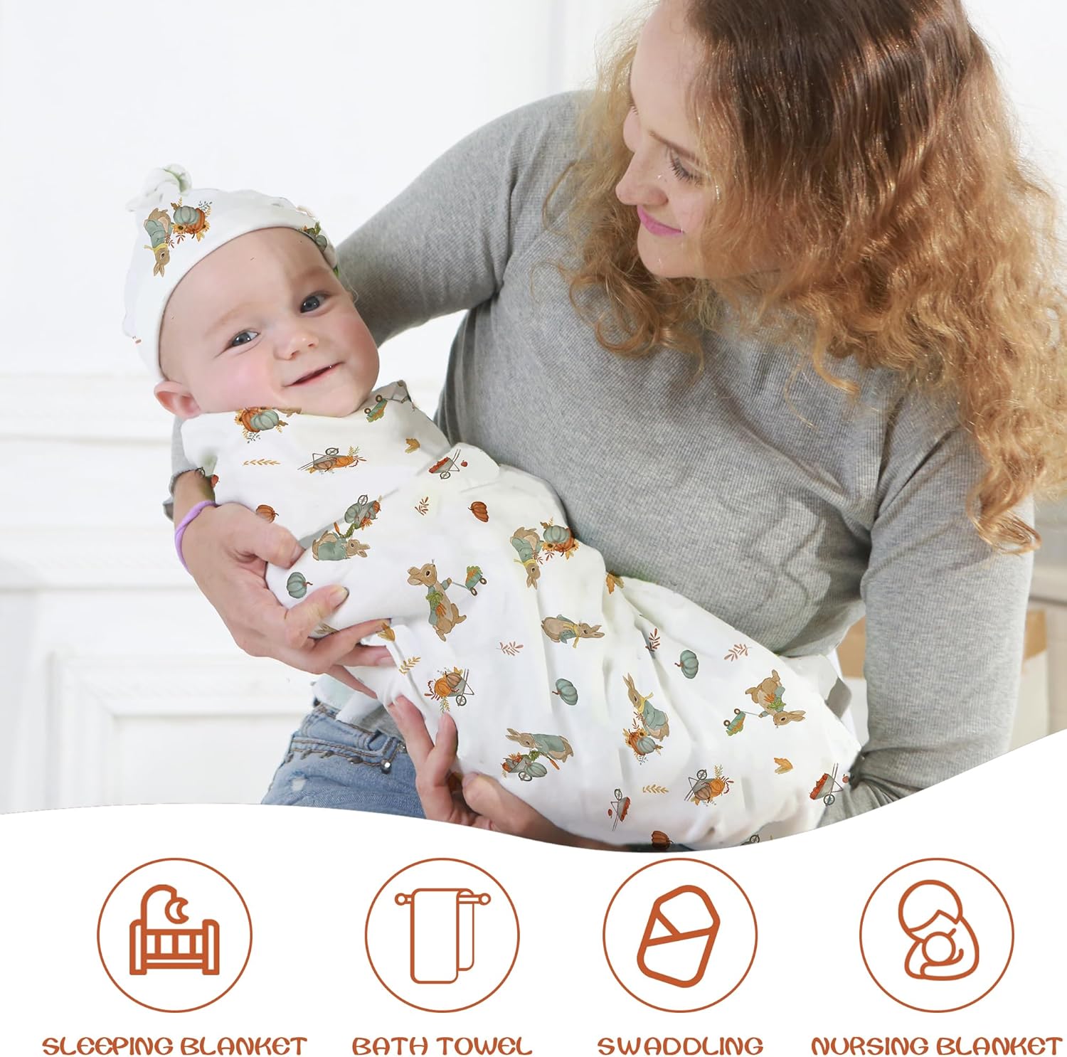 Baby Cotton Swaddle Blanket with Hat 3 Pack 0-6 Months Unisex