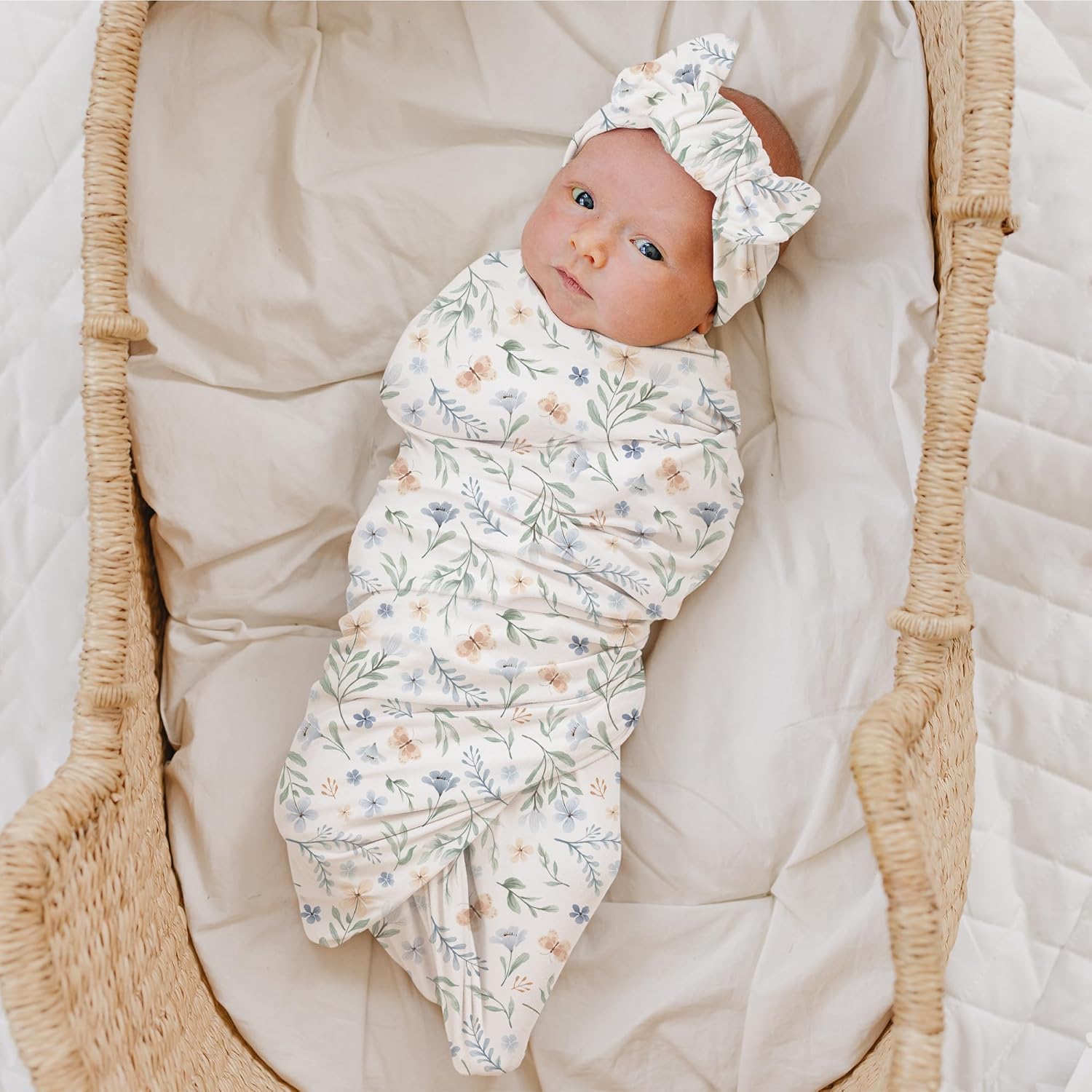 Konssy Baby Girl Swaddle Blanket with Headband Set