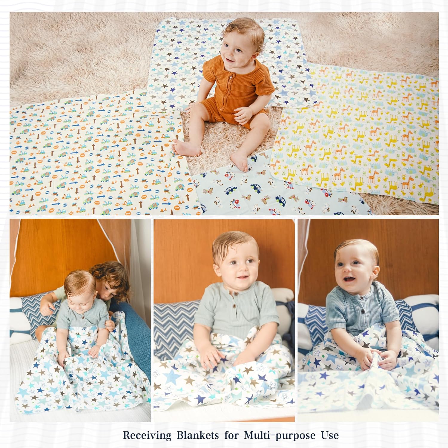 Omilion Receiving Blanket 4 Pack - 30x30 Flannel Cotton Blankets with Washcloths