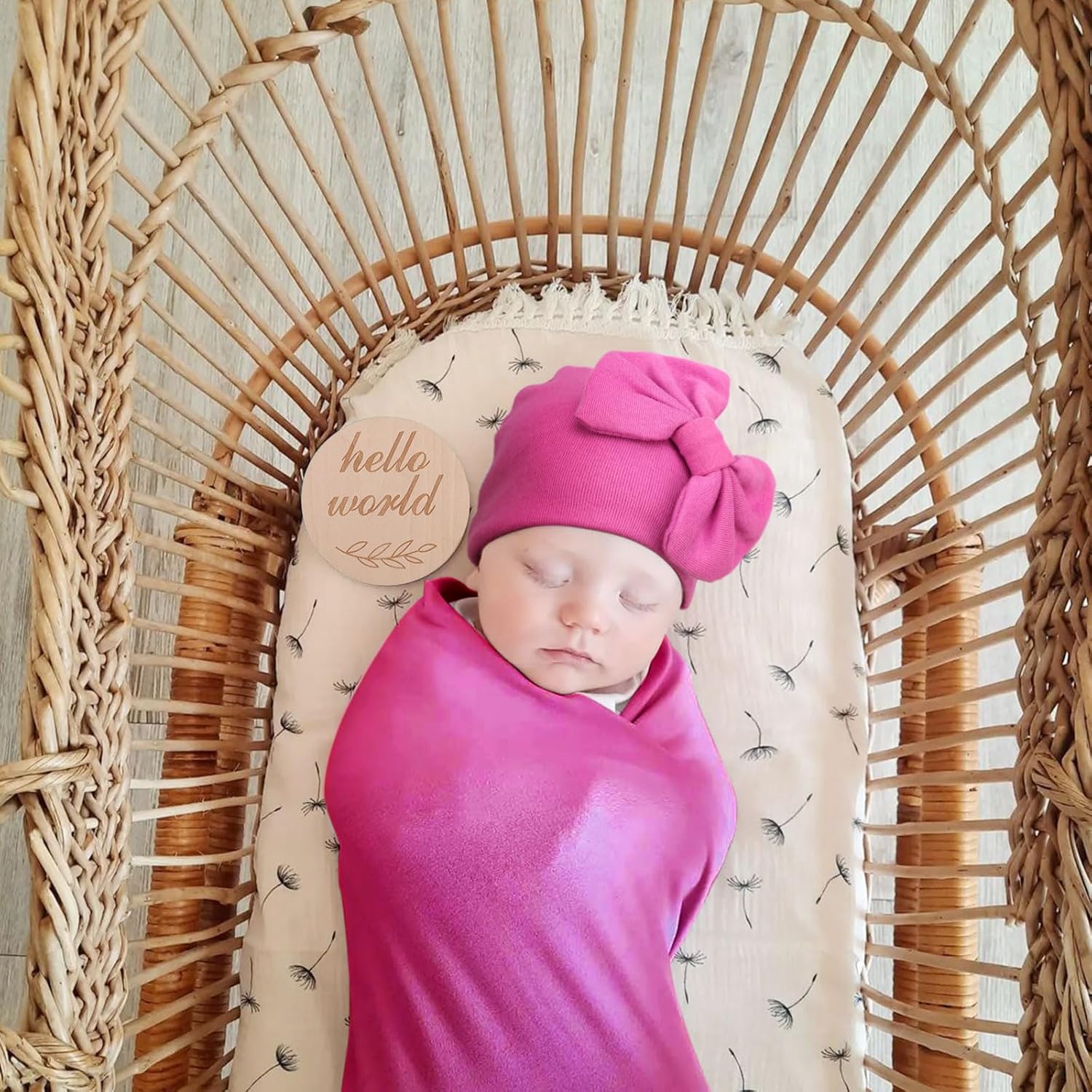 AQOKKA Newborn Swaddle Blanket with Bow Hat Mittens Wooden Card Set