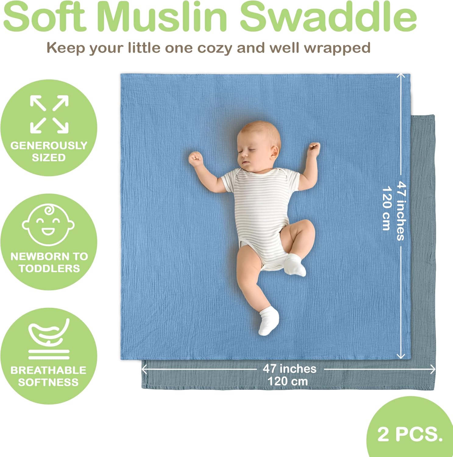 Infancie Organic Cotton Muslin Baby Blanket - 47x47 Inch
