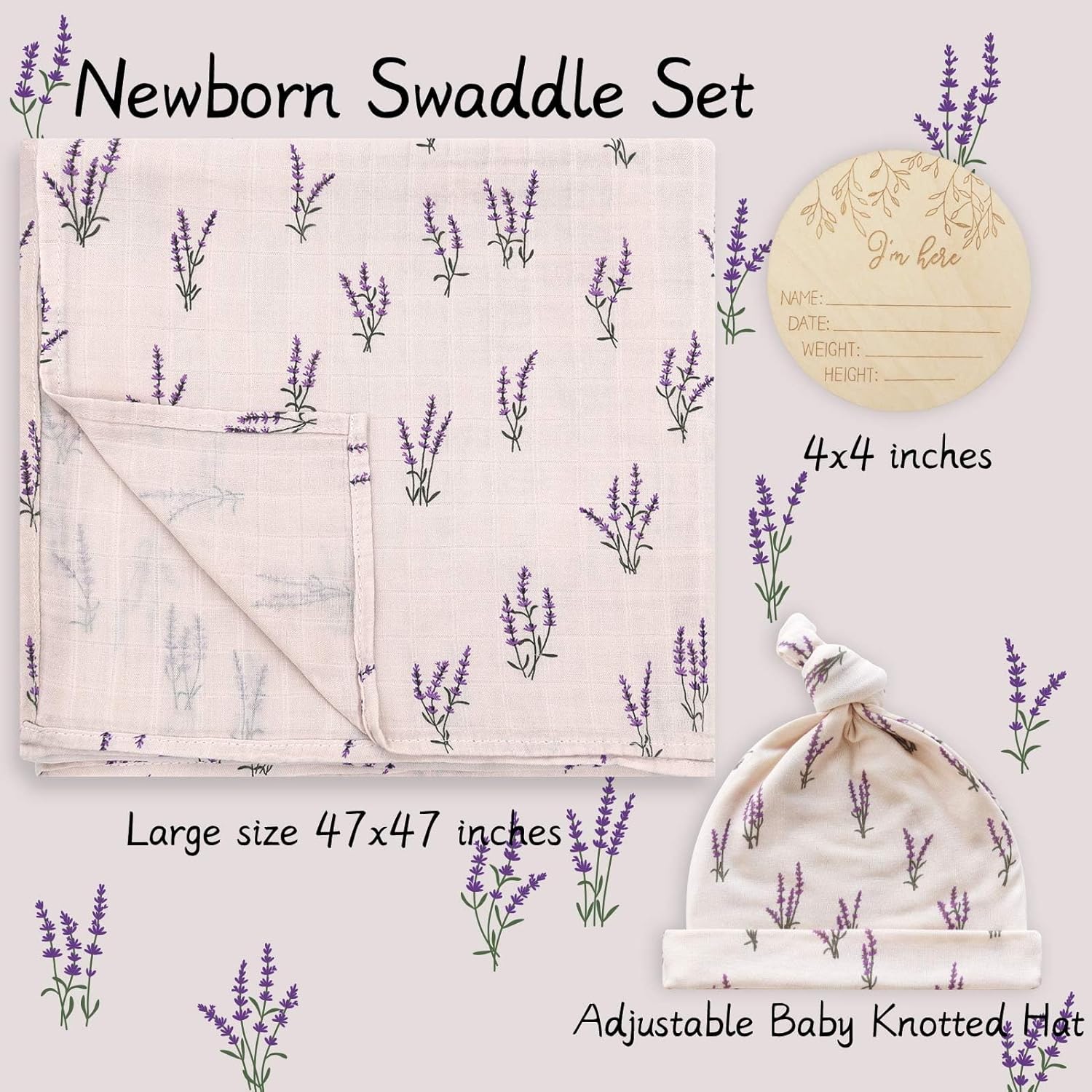LifeTree Muslin Swaddle Blanket Set with Lavender Pattern