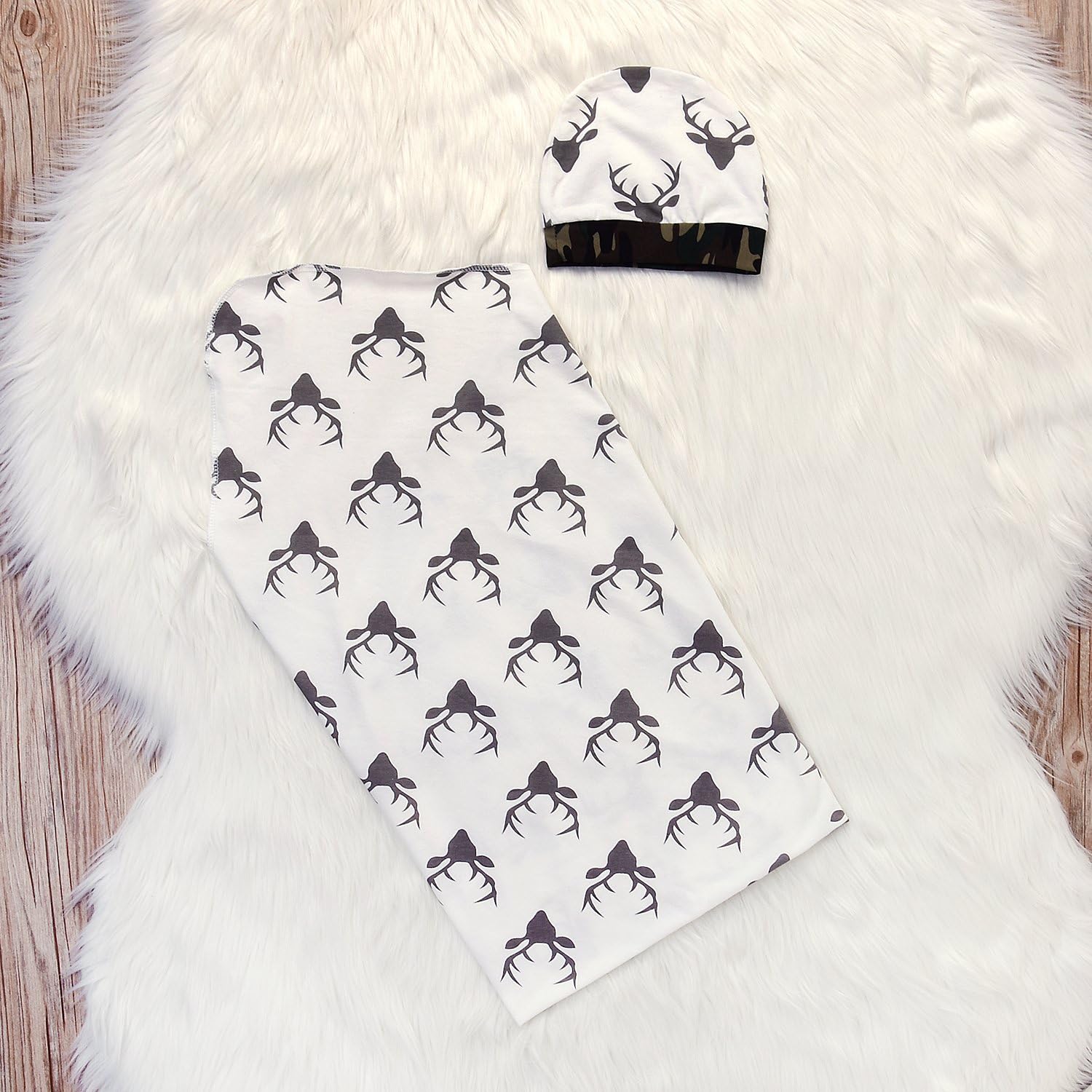 AlwaysFun Soft Cotton Newborn Swaddle Blanket with Deer Print and Hat