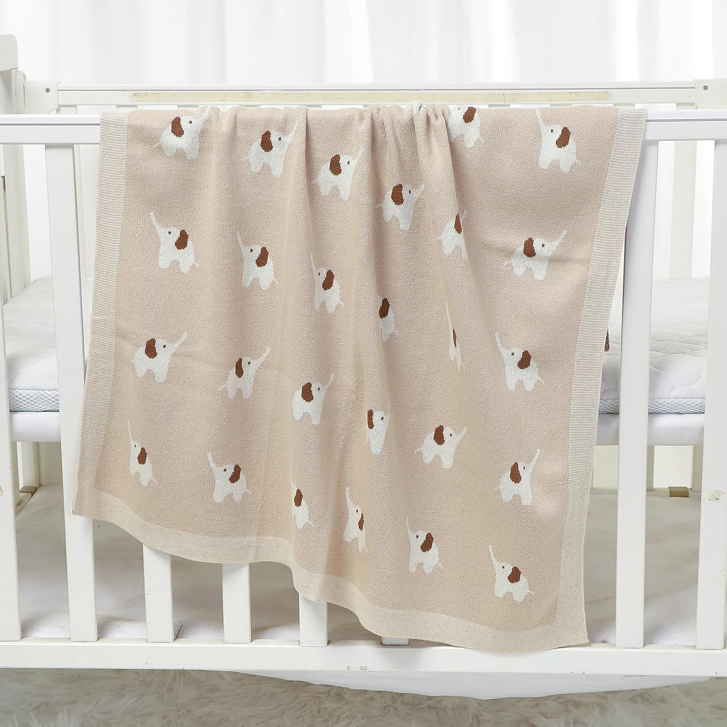 Hadetoto Soft Cotton Baby Blanket with Elephant Design - Camel 90 x 70cm