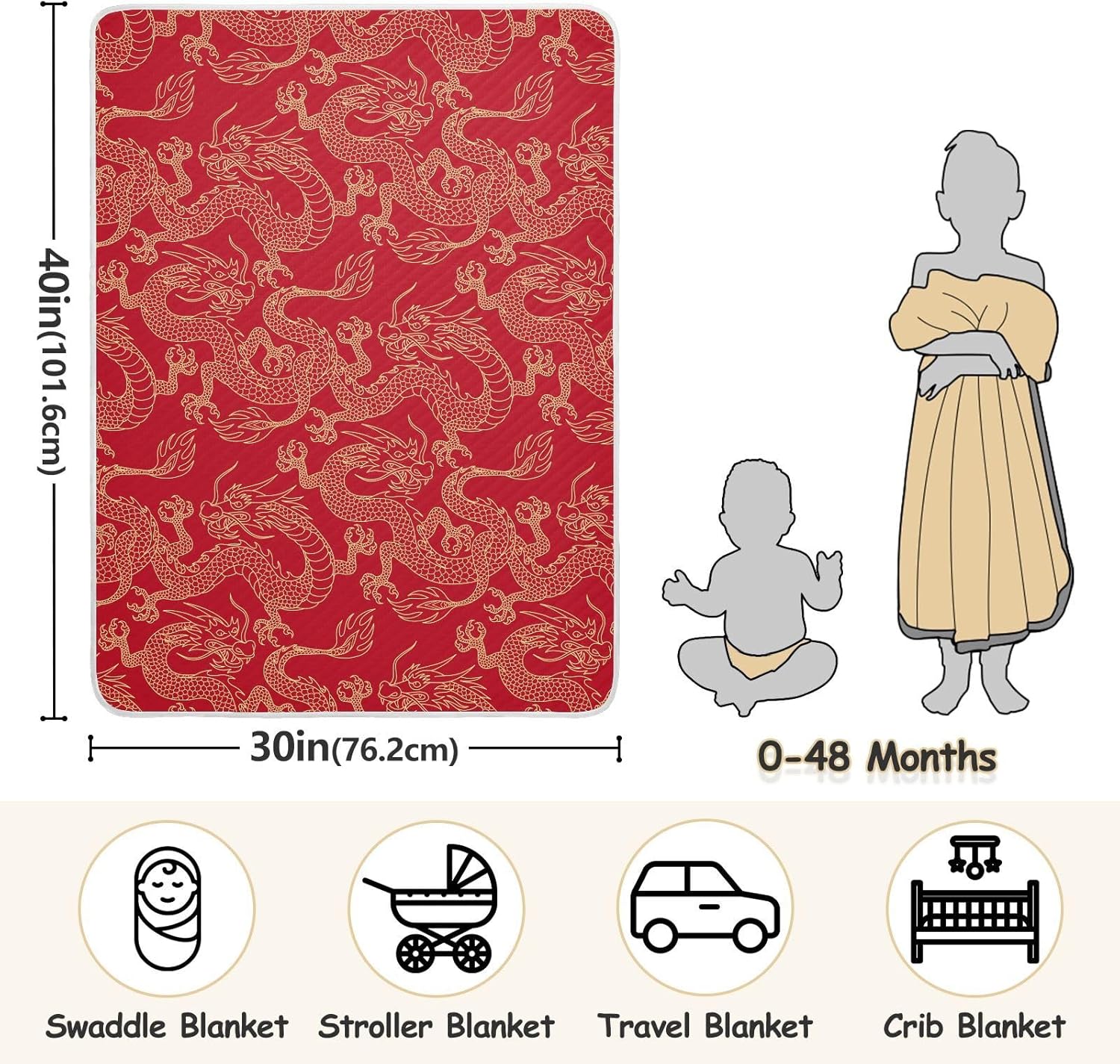 KJIZMO Cotton Baby Blanket with Golden Dragon Print 30x40