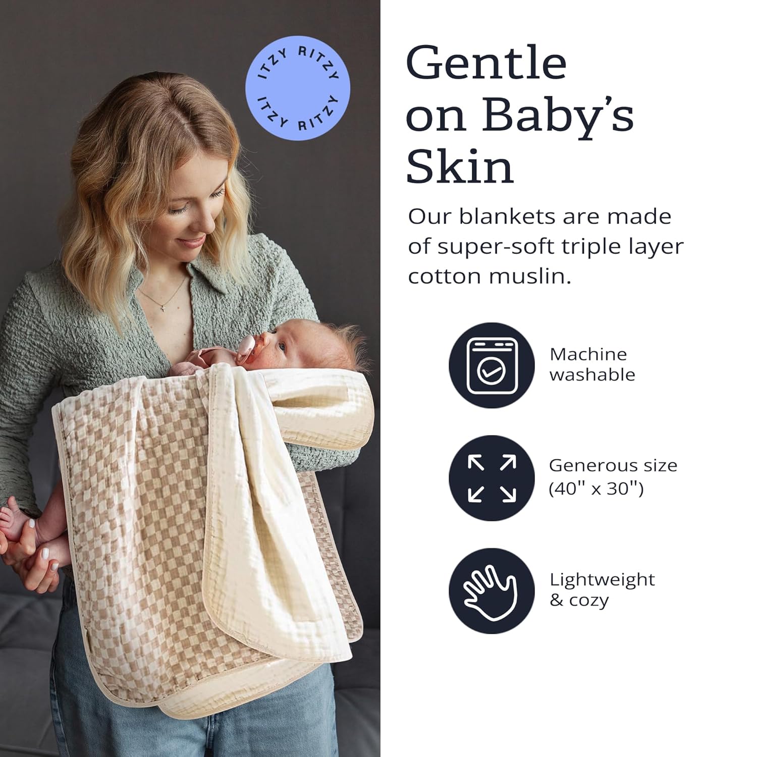 Itzy Ritzy Baby Blanket - Soft Cotton Muslin Checkerboard