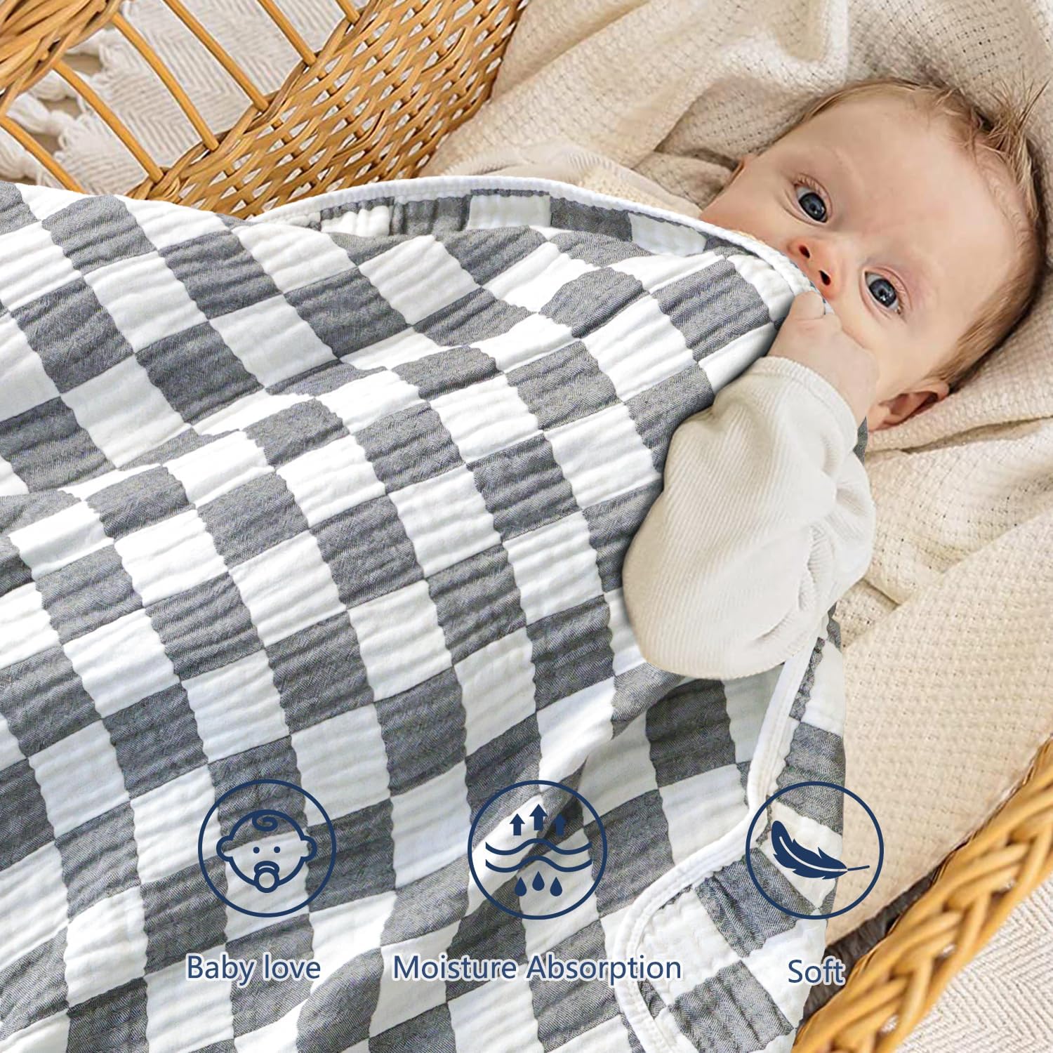 BEILIMU 6-Layer Muslin Swaddle Blanket 43x43 Inches Grey Checkered