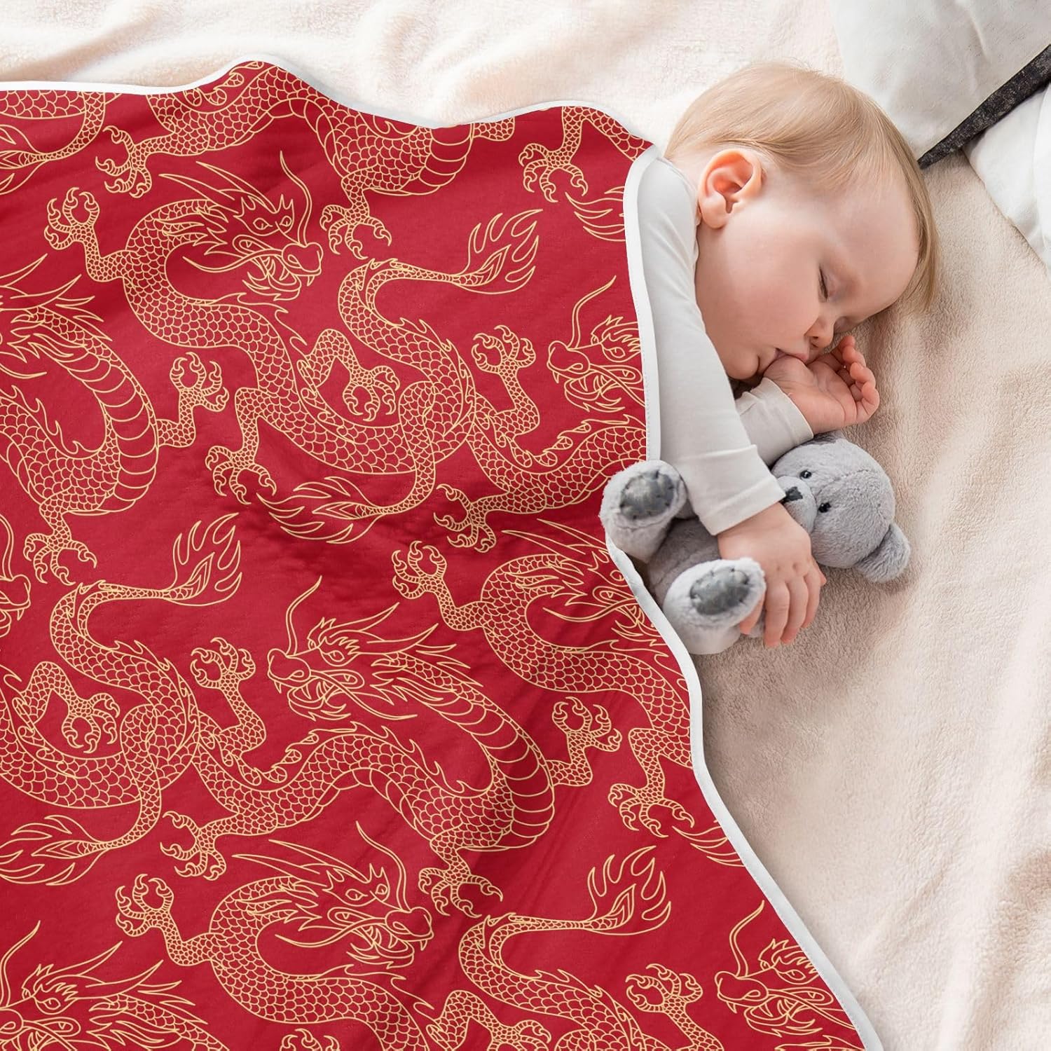 KJIZMO Cotton Baby Blanket with Golden Dragon Print 30x40