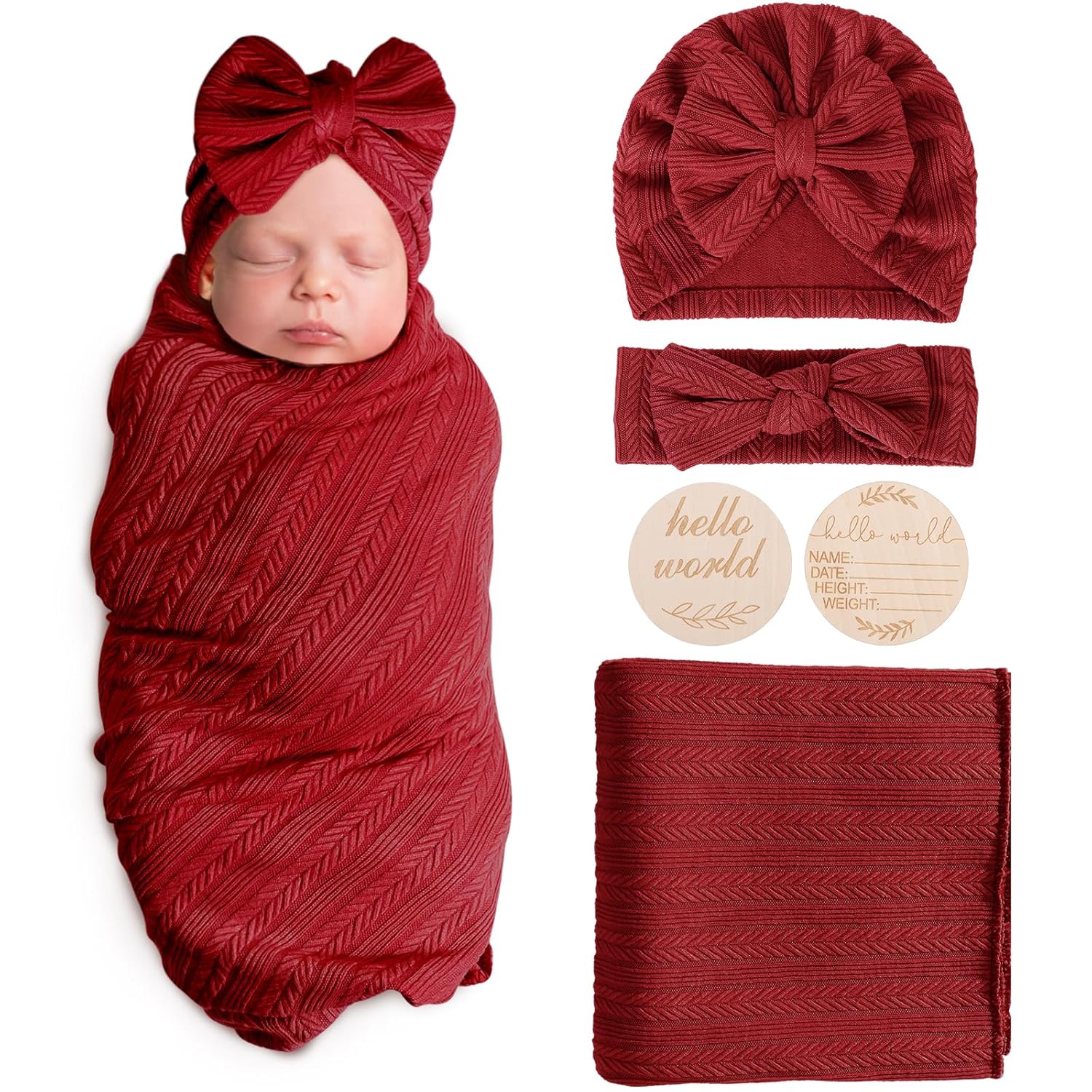 AQOKKA Newborn Swaddle Blanket with Bow Hat and Wooden Card