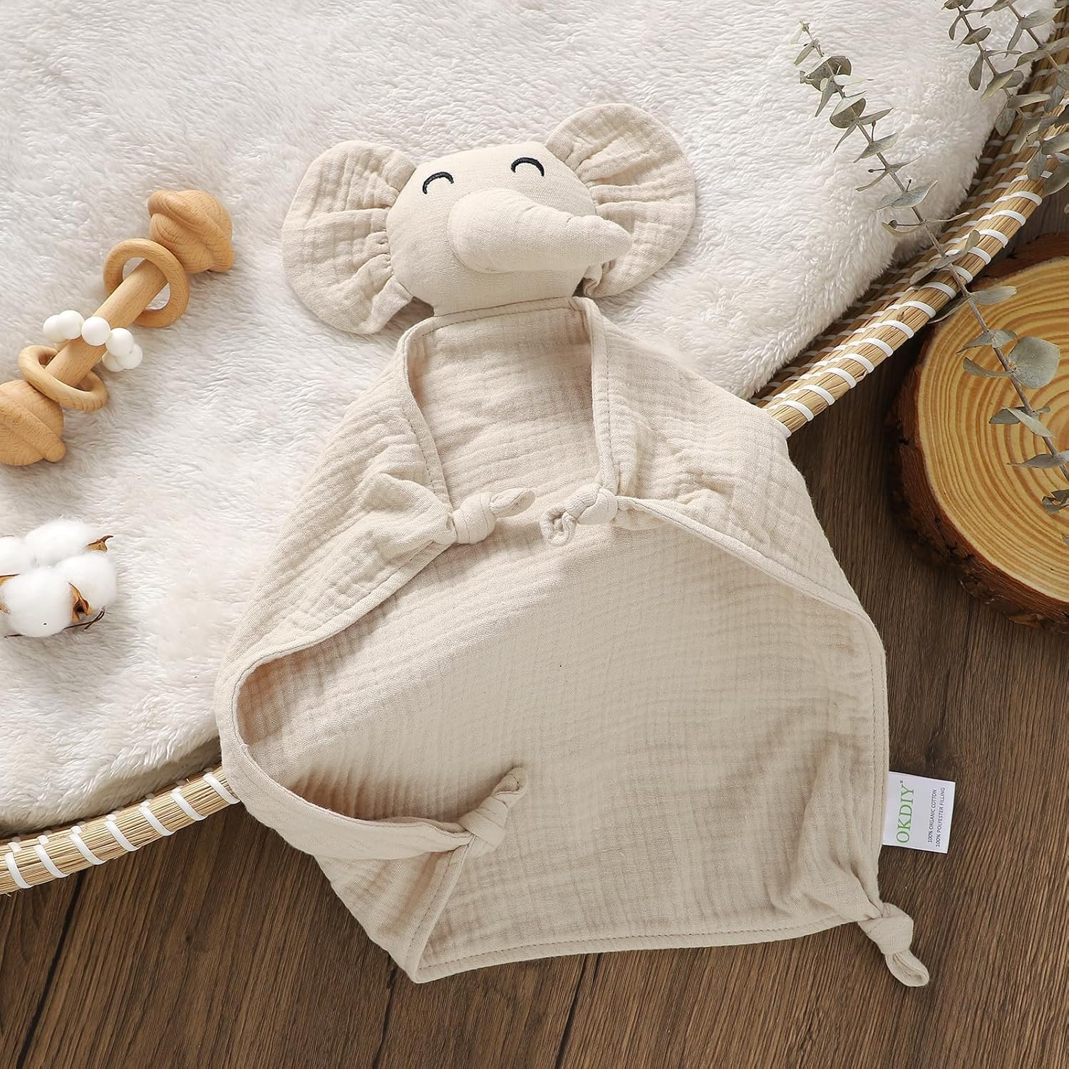 Organic Elephant Lovey Blanket Soft Muslin Baby Snuggle Toy for Boys Girls