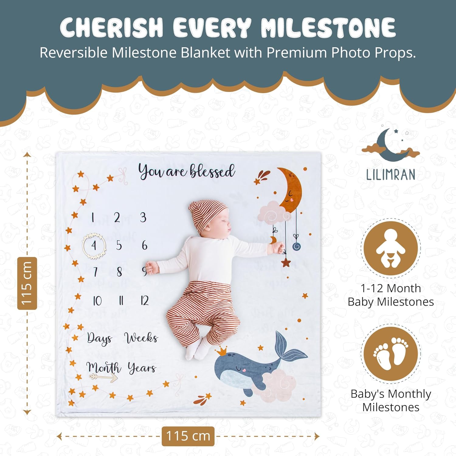 Lilimran Monthly Milestone Blanket - Reversible Baby Photo Setup