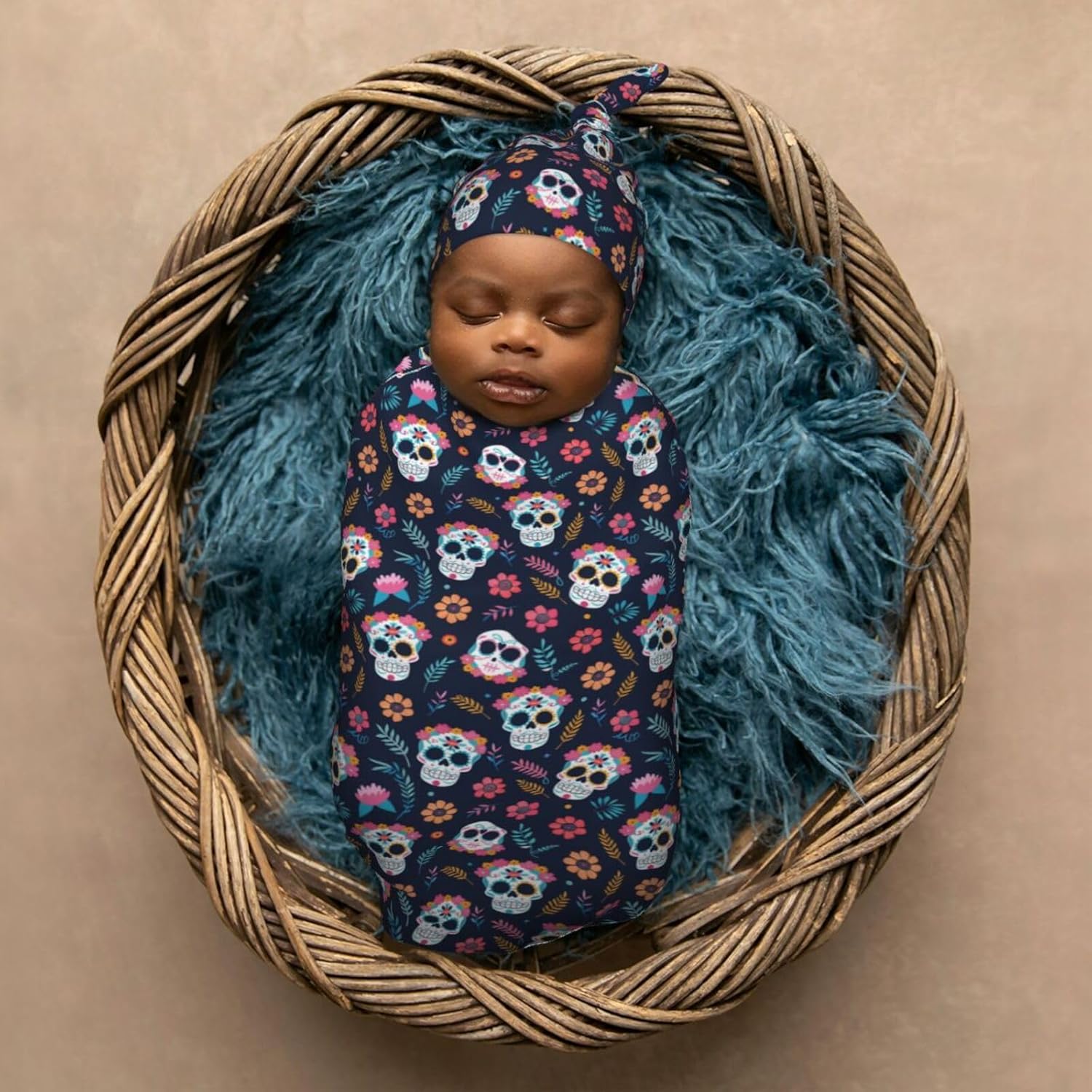 Muishi Sugar Skulls Flower Swaddle Blanket and Beanie Hat Set