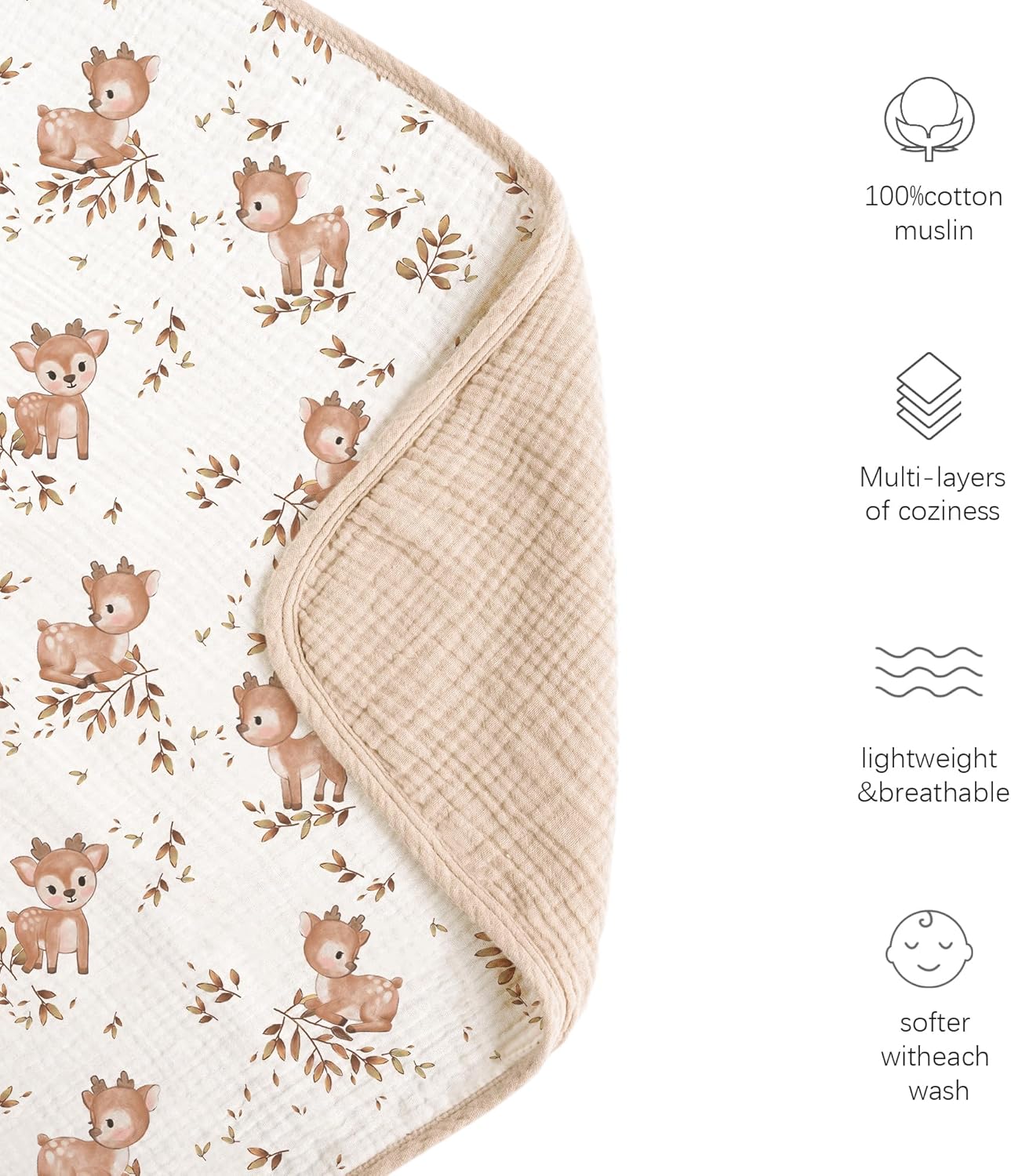 Konssy Muslin Baby Blanket Deer Pattern 40x36