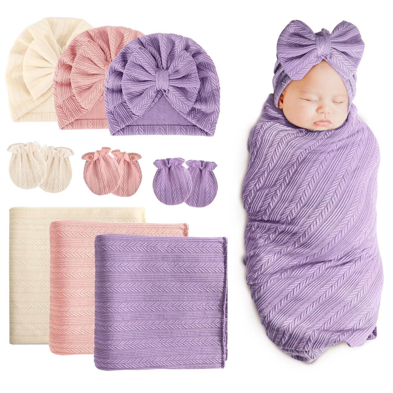 DRESHOW Newborn Blanket Hat Mittens Set Soft Protective
