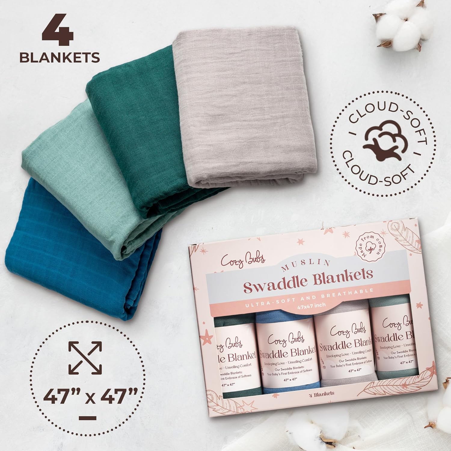 CozyBubs Muslin Swaddle Blankets 4-Pack