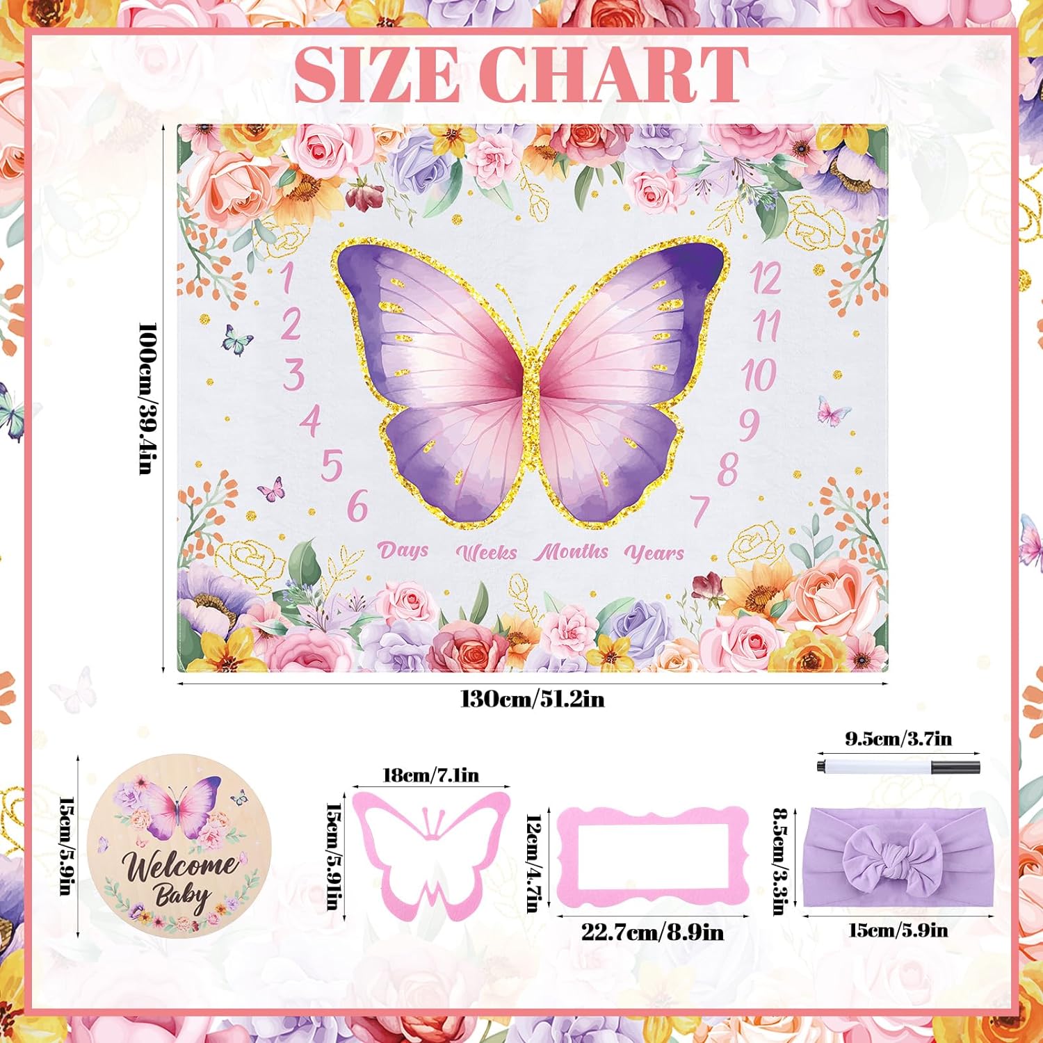 Butterfly Baby Milestone Blanket Set for Baby Girls