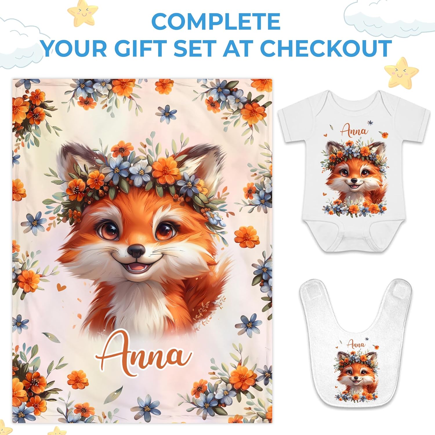 Personalized Fox Baby Blanket with Custom Name