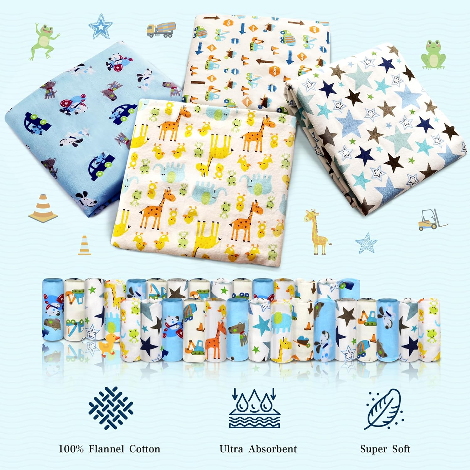 Omilion Receiving Blanket 4 Pack - 30x30 Flannel Cotton Blankets with Washcloths