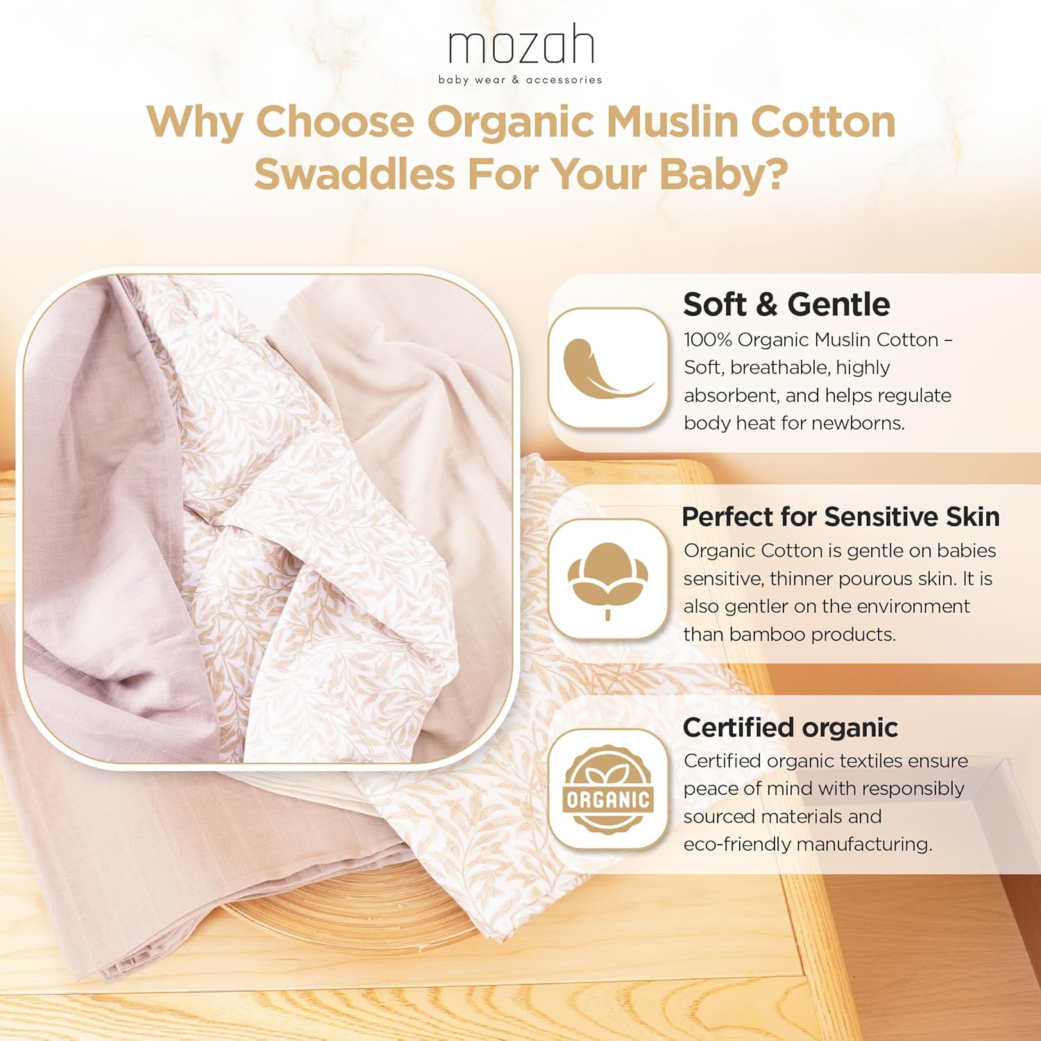MOZAH Organic Muslin Swaddle Blankets 3 Pack