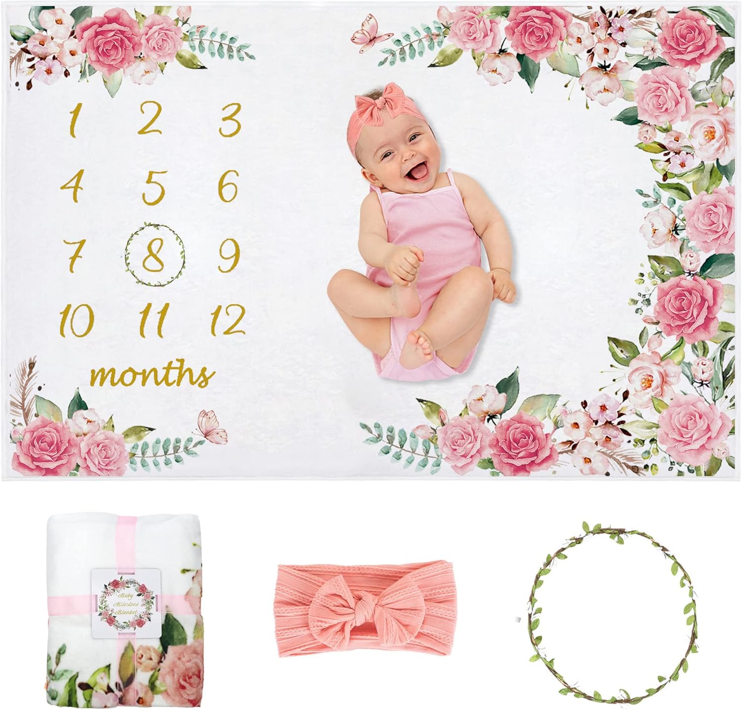 Baby Monthly Growth Milestone Blanket with Bow and Wreath