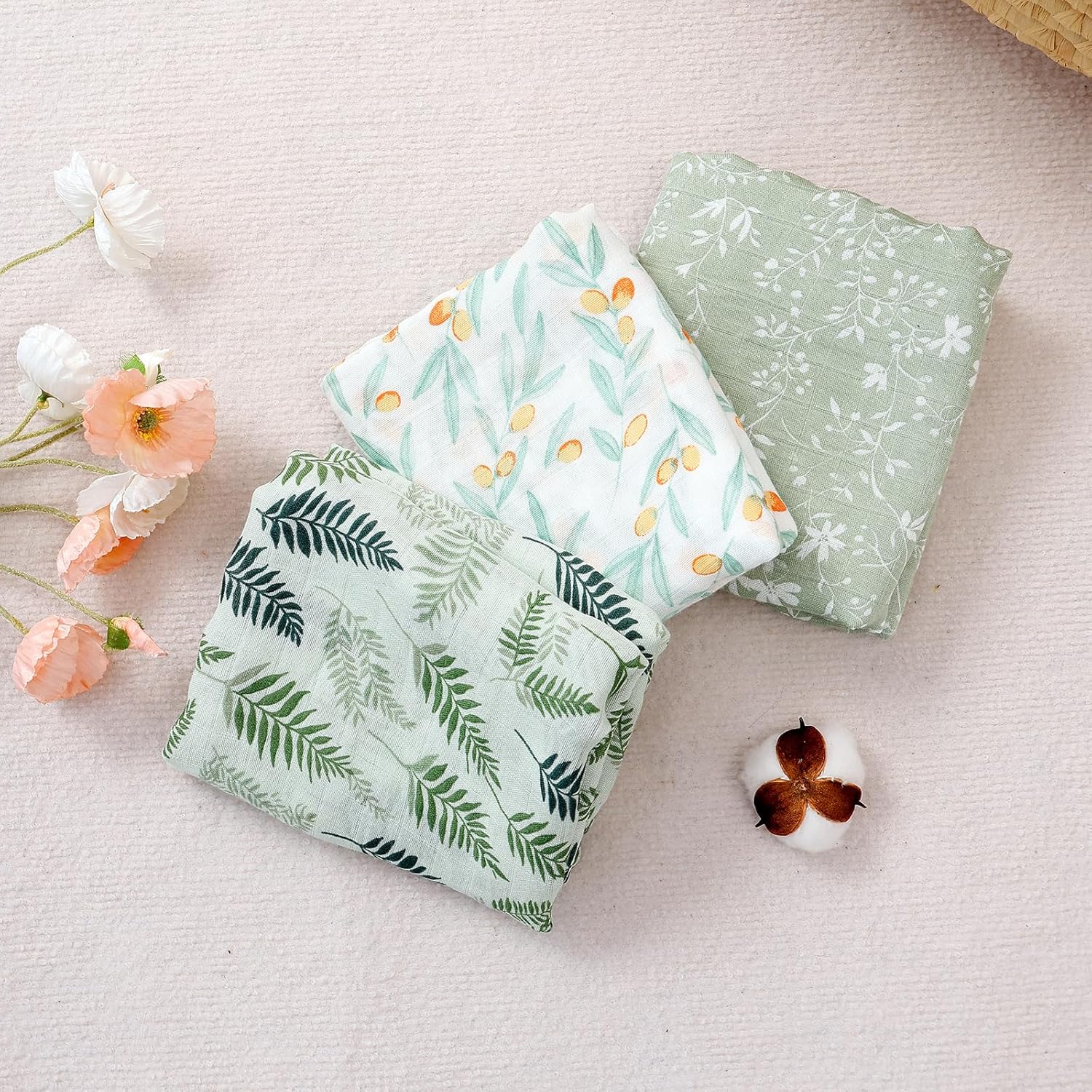 CoolaPeach 3 Pack Muslin Swaddle Blankets for Baby Boys and Girls