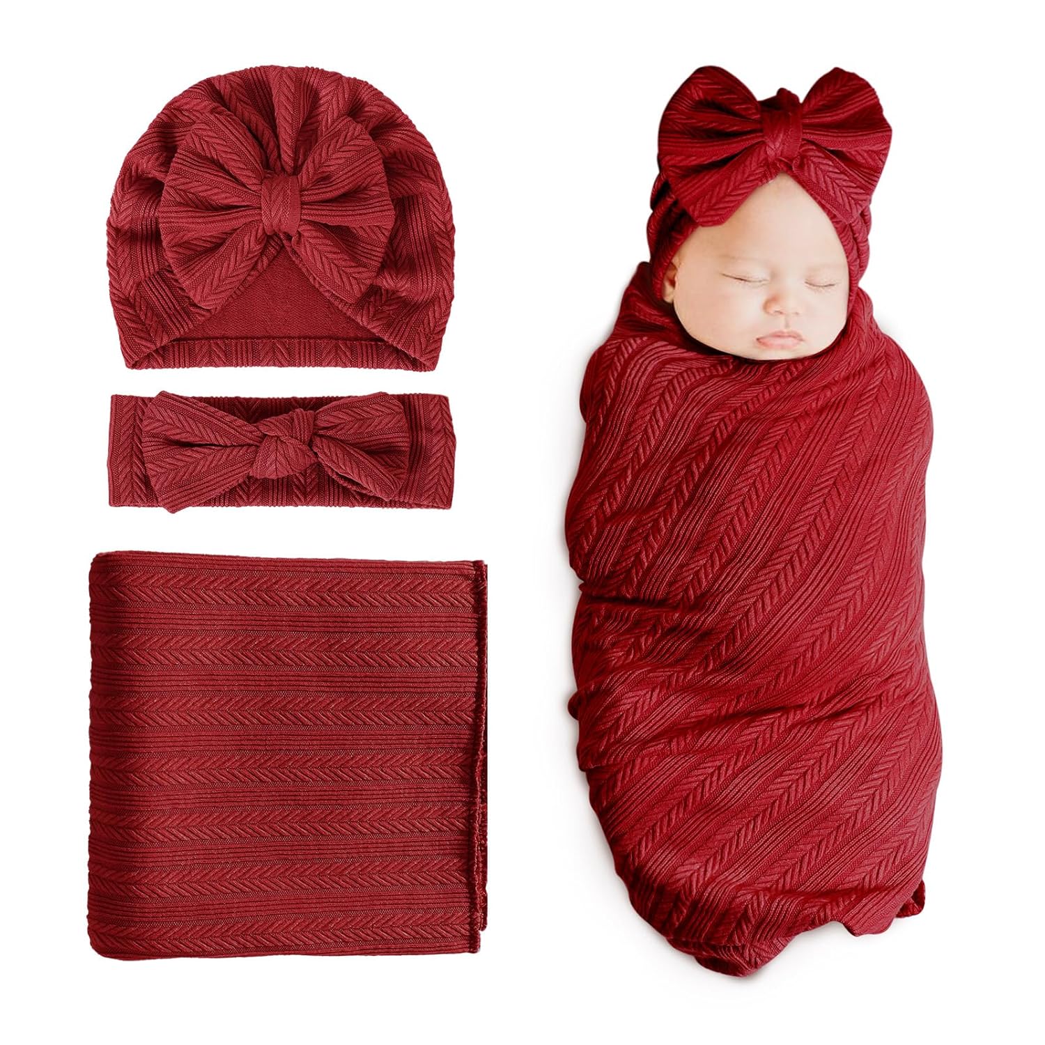 Dreshow Bqubo Swaddling Blanket Set with Bow Hat and Headband