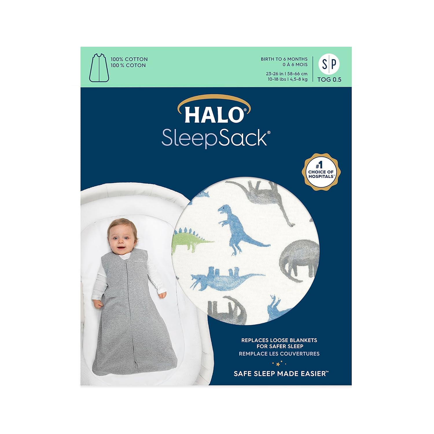 HALO SleepSack Dino Print 100 Cotton 0-6 Months
