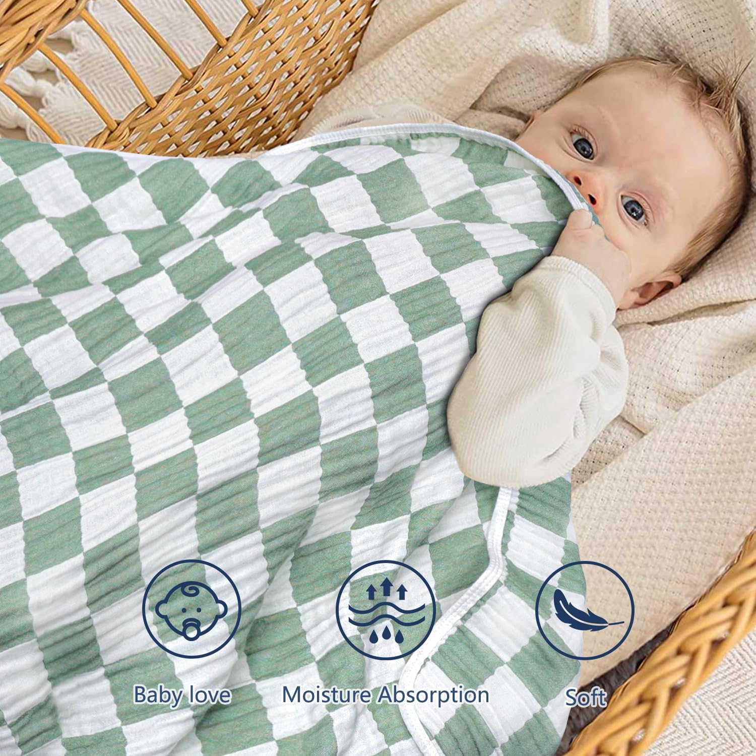 BEILIMU Muslin Baby Blanket 43x43 Inches Sage Green Checkerboard Swaddle Blanket